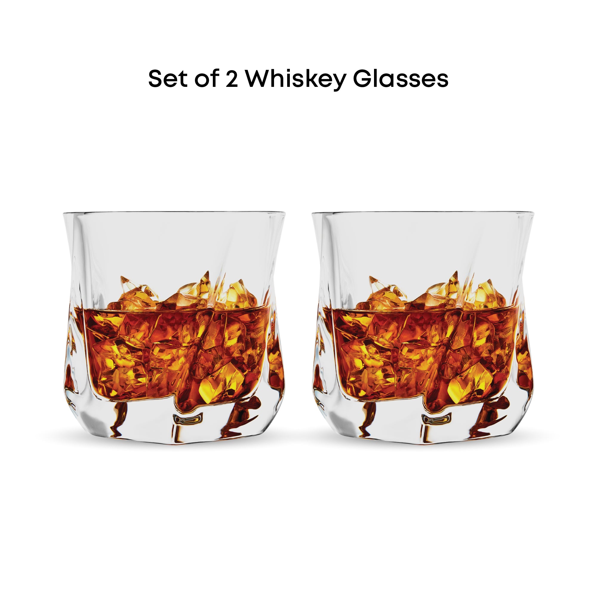 Set of 2 Whiskey Glasses on a white background filled with whiskey and ice. 