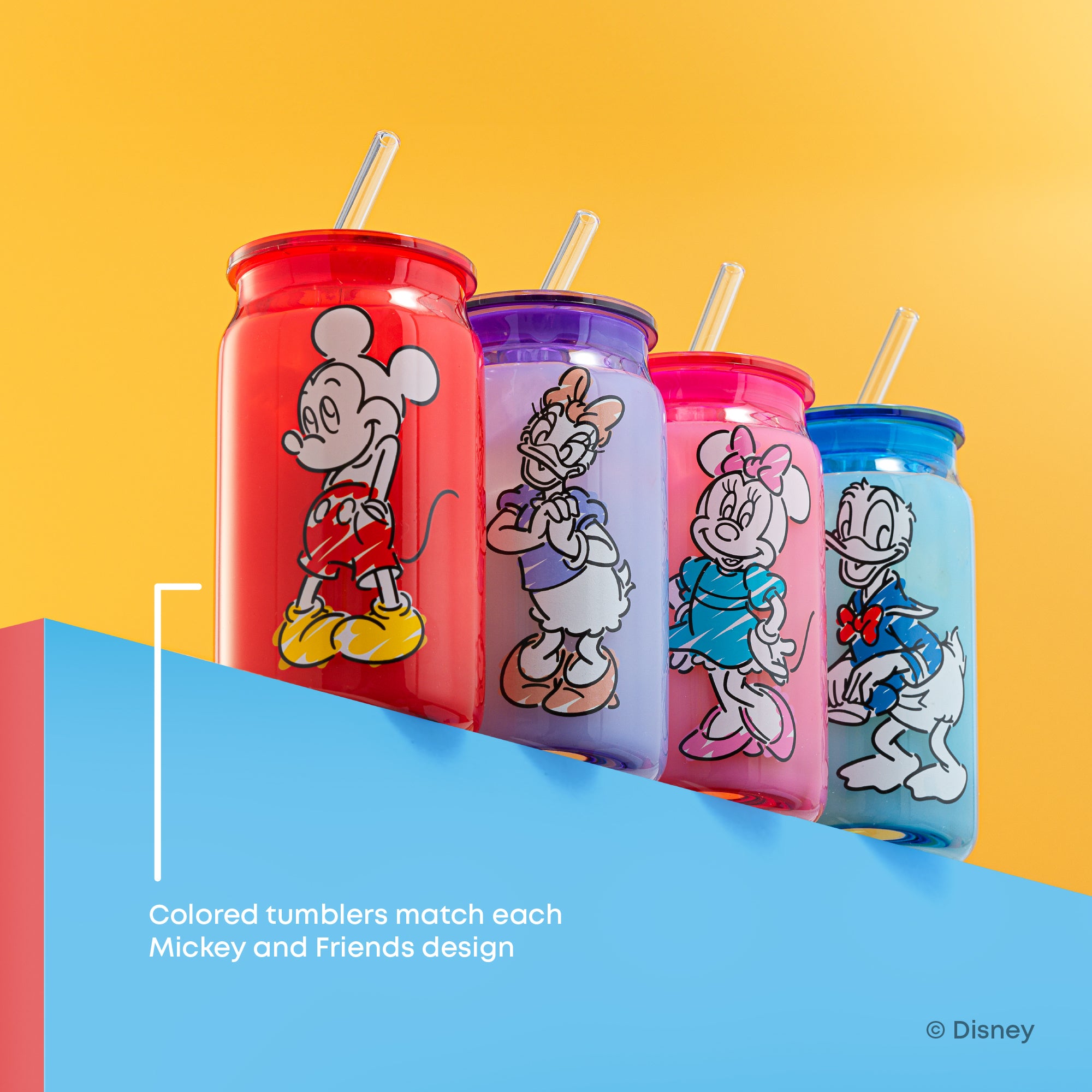 Disney Mickey Mouse & Friends Color Sketch Tumbler Glasses with Lids