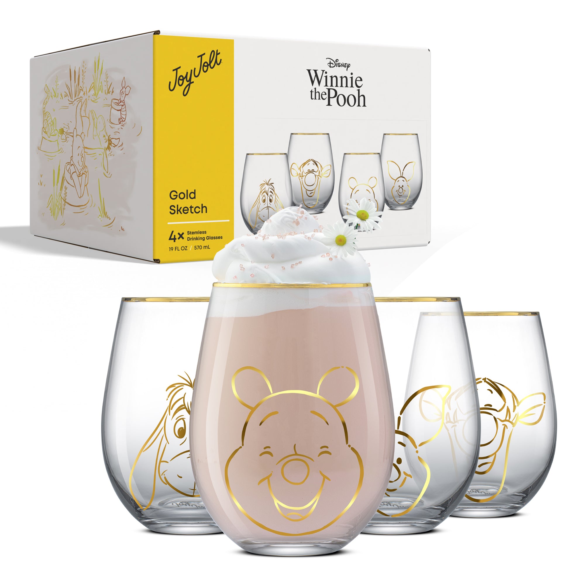 Disney Winnie the Pooh Gold Sketch Stemless Drinking Glasses