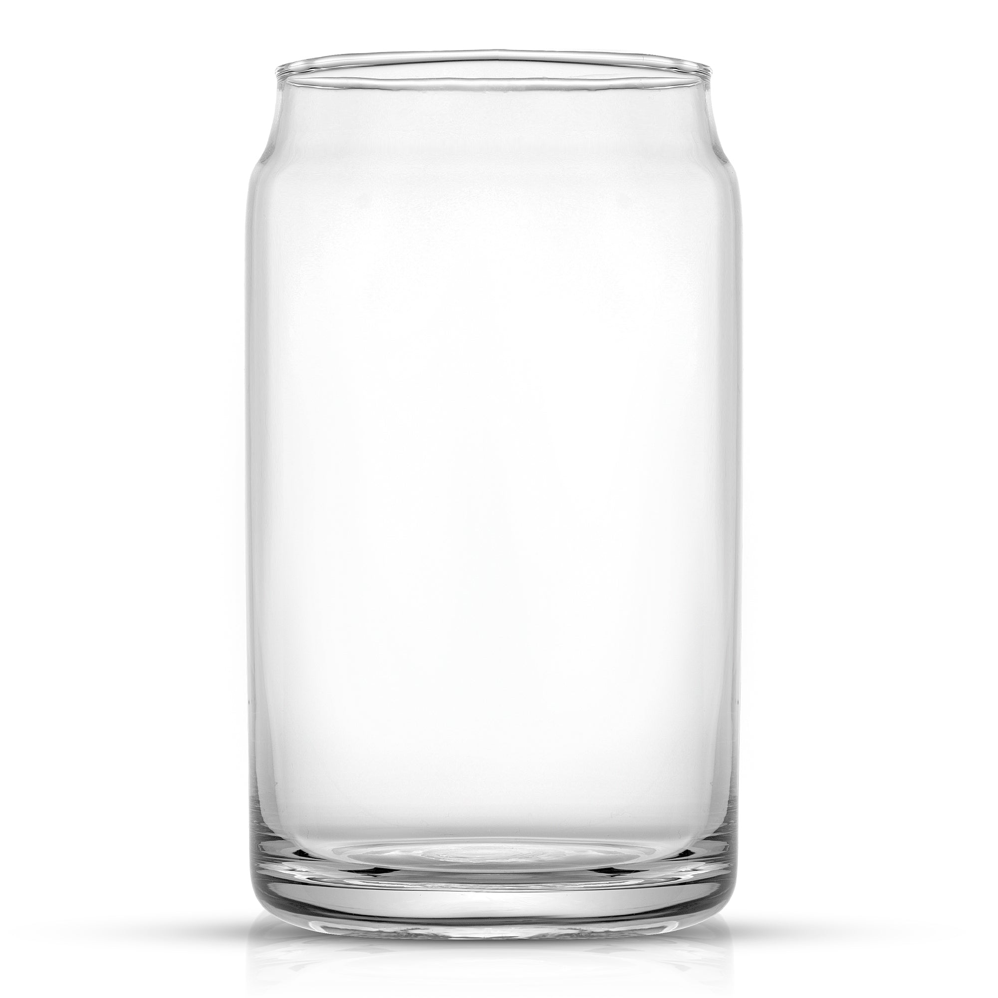 A clear glass cup shaped like a classic beverage can sits on a white background. These are JoyJolt Classic Can Shape Tumbler Drinking Glass Cups.