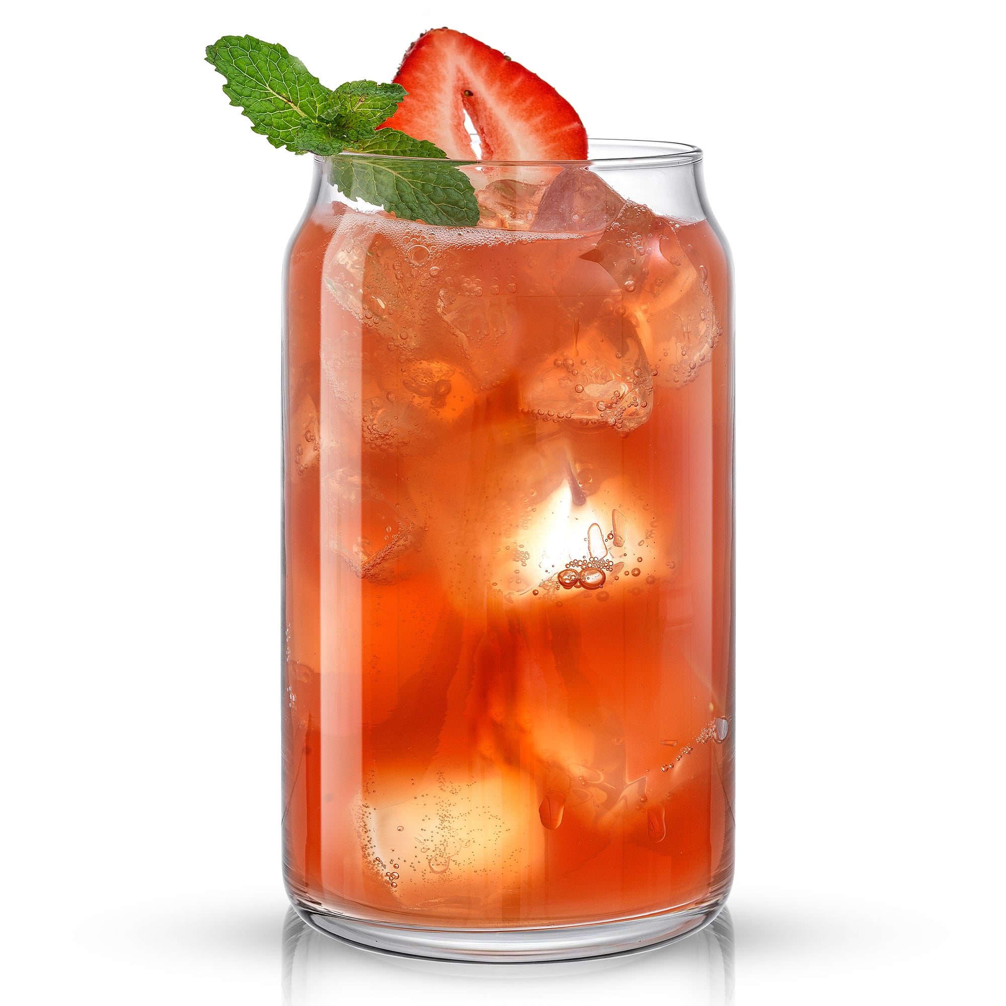 An iced tea with a strawberry garnish served in a JoyJolt Classic Can Glass sits on a white background.