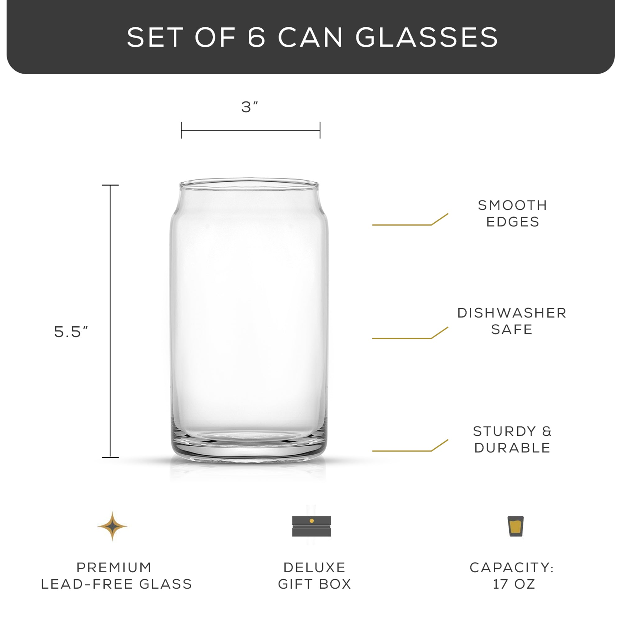 JoyJolt Classic Can Shape Tumbler Drinking Glass Cups with measurements displayed.
