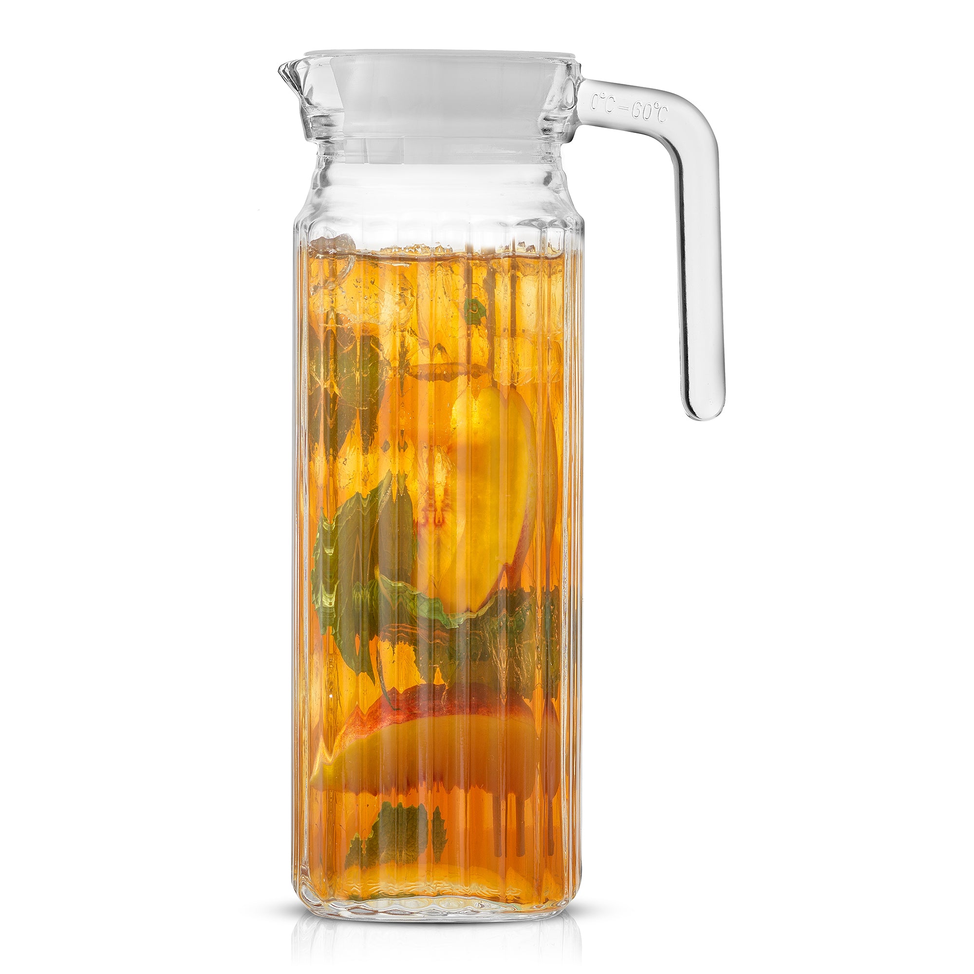 A 40-ounce JoyJolt Beverage Serveware Glass Pitcher filled with iced tea and peach slices sits on a white background. The pitcher has a clear glass body, a white lid, and a handle for easy pouring.