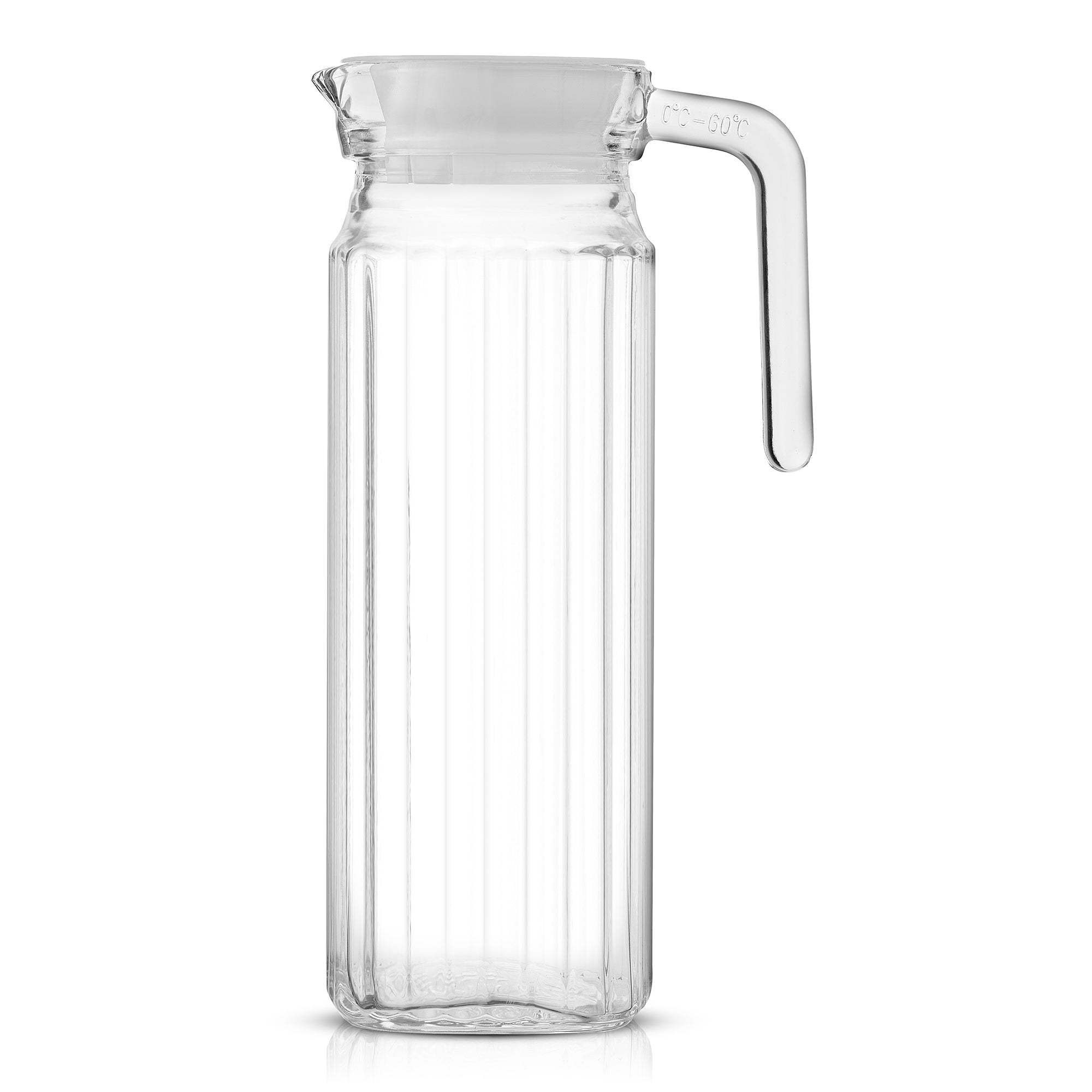 A clear glass fluted pitcher with a handle and lid sits on a white background. This is a 40-ounce JoyJolt Beverage Serveware Glass Pitcher.