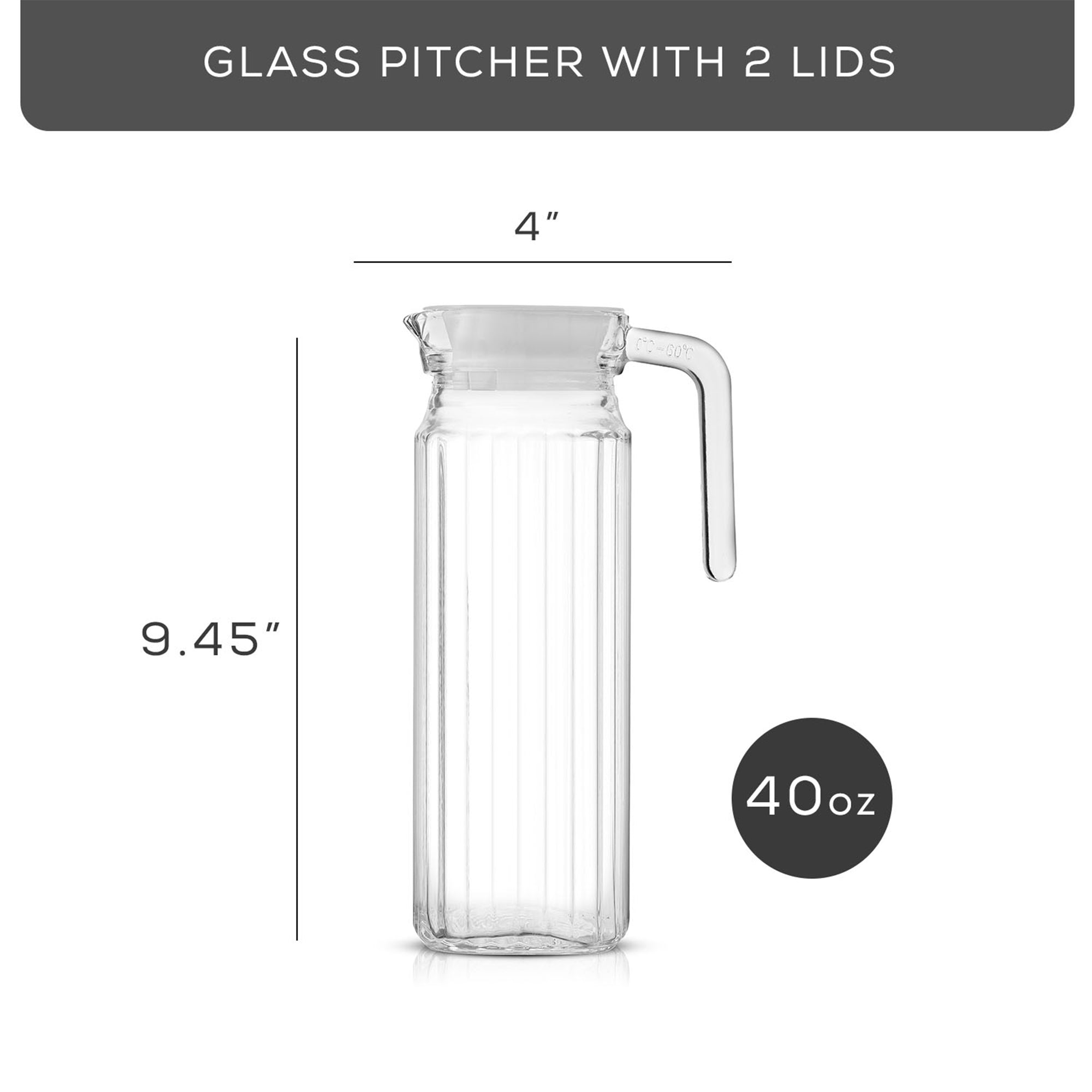 A glass pitcher with a handle and lid on a white background. The image shows the JoyJolt Beverage Serveware Glass Pitcher in detail. The pitcher has a capacity of 40 ounces and it has measurements marked on the side. It has a clear glass body, a white lid, and a handle for easy pouring. Text on the image reads “GLASS PITCHER WITH 2 LIDS 4”W x 9.45”H 40oz.”