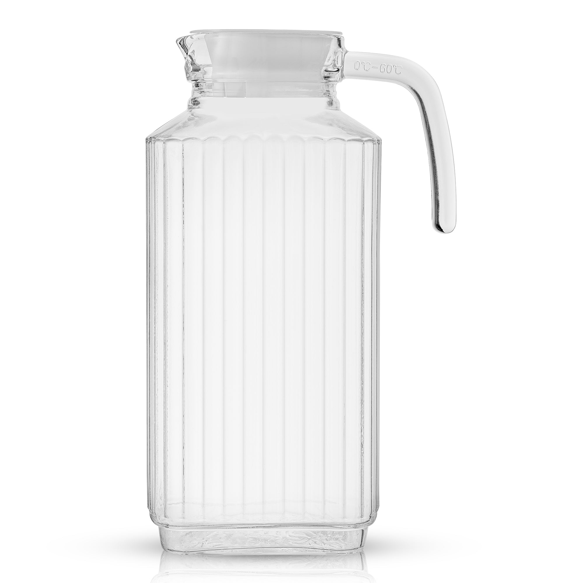 A JoyJolt Beverage Serveware Glass Pitcher, a 60-ounce clear glass pitcher with a handle and lid. This versatile pitcher is perfect for serving iced tea, lemonade, or other cold drinks. 