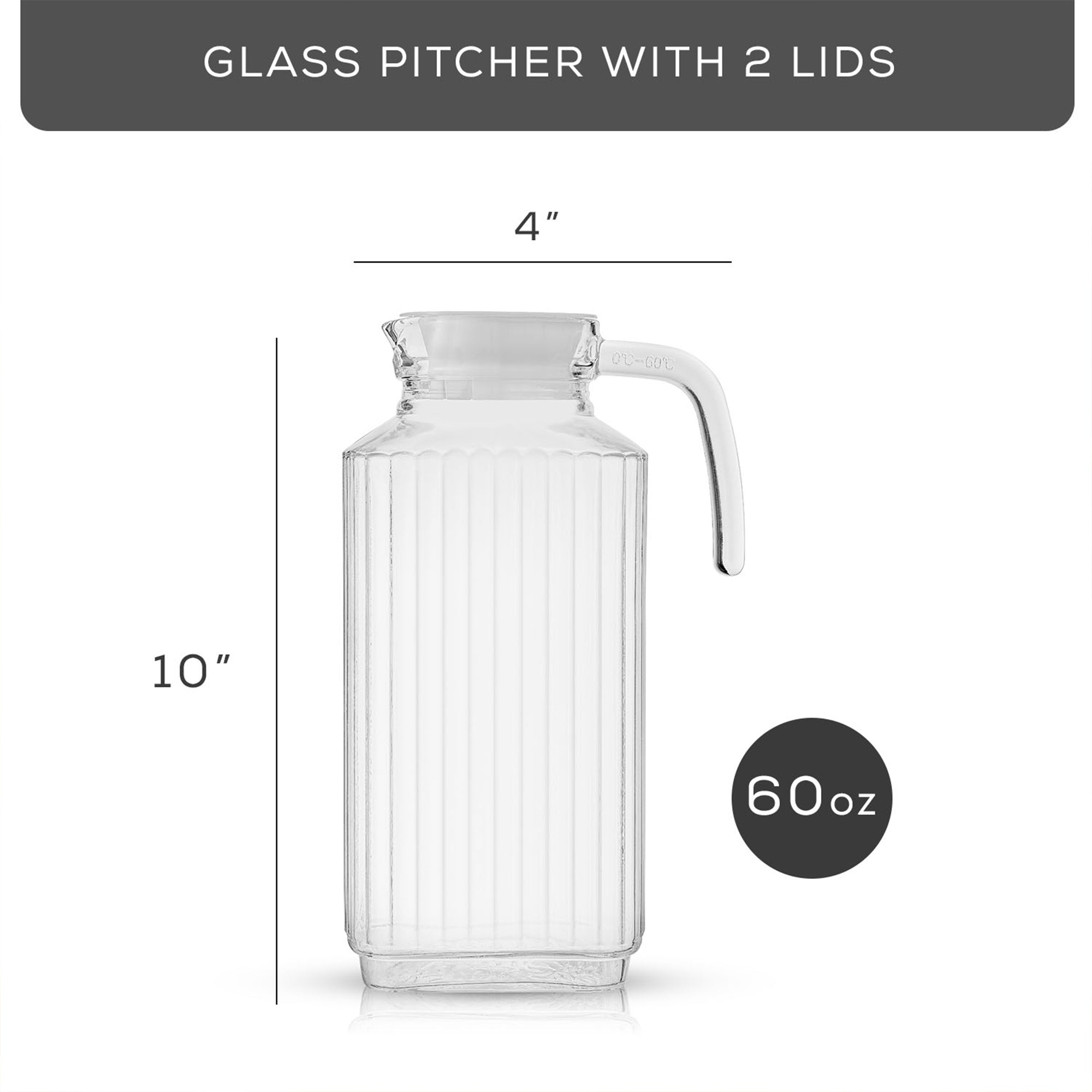 A 60-ounce JoyJolt Beverage Serveware Glass Pitcher with measurements marked on the side. The pitcher has a clear glass body and a handle for easy pouring. Text overlaid on the image reads “GLASS PITCHER WITH 2 LIDS 4”W x 10”H 60 oz.”
