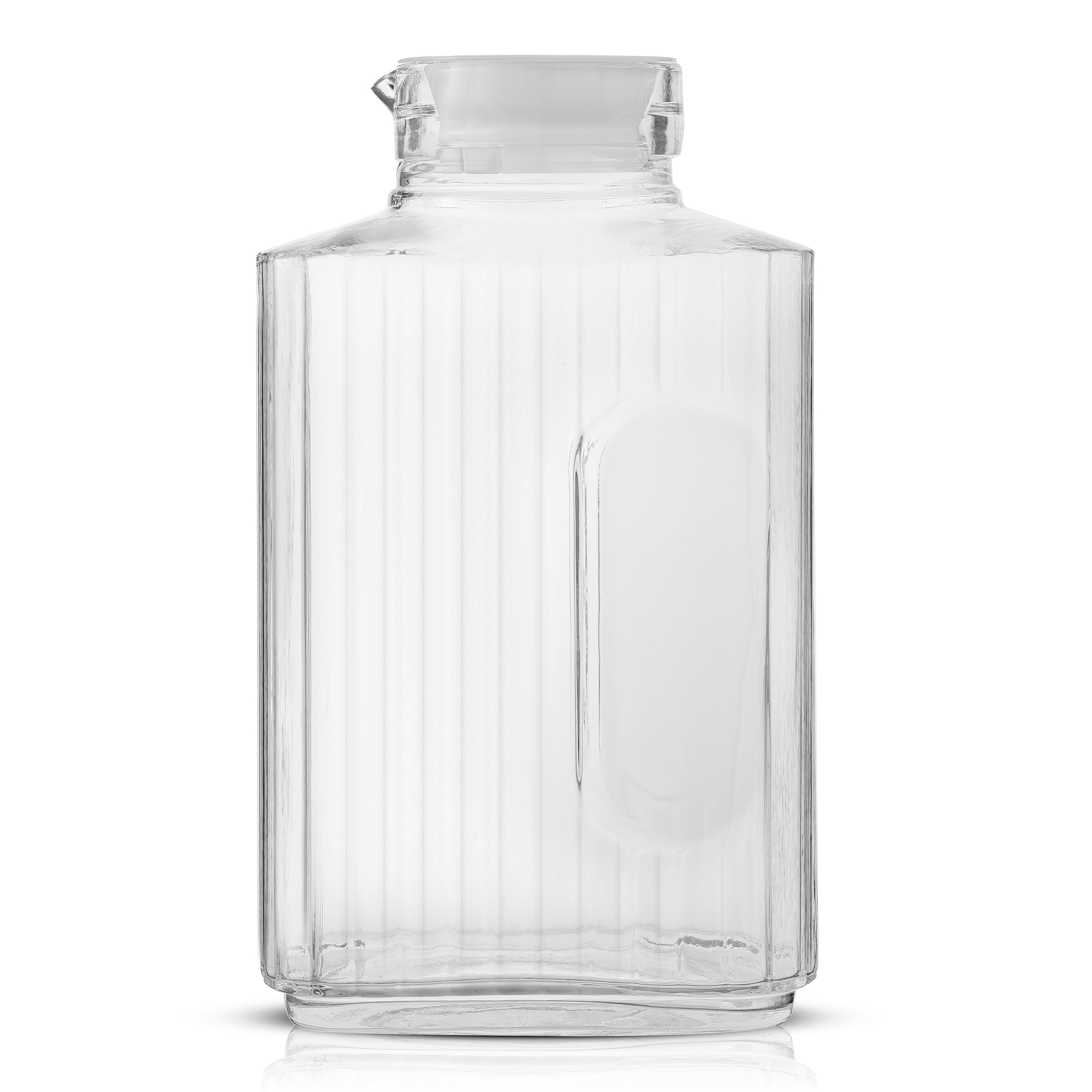 A clear glass JoyJolt Beverage Serveware Glass Pitcher with a white lid sits on a white background. The pitcher is empty.