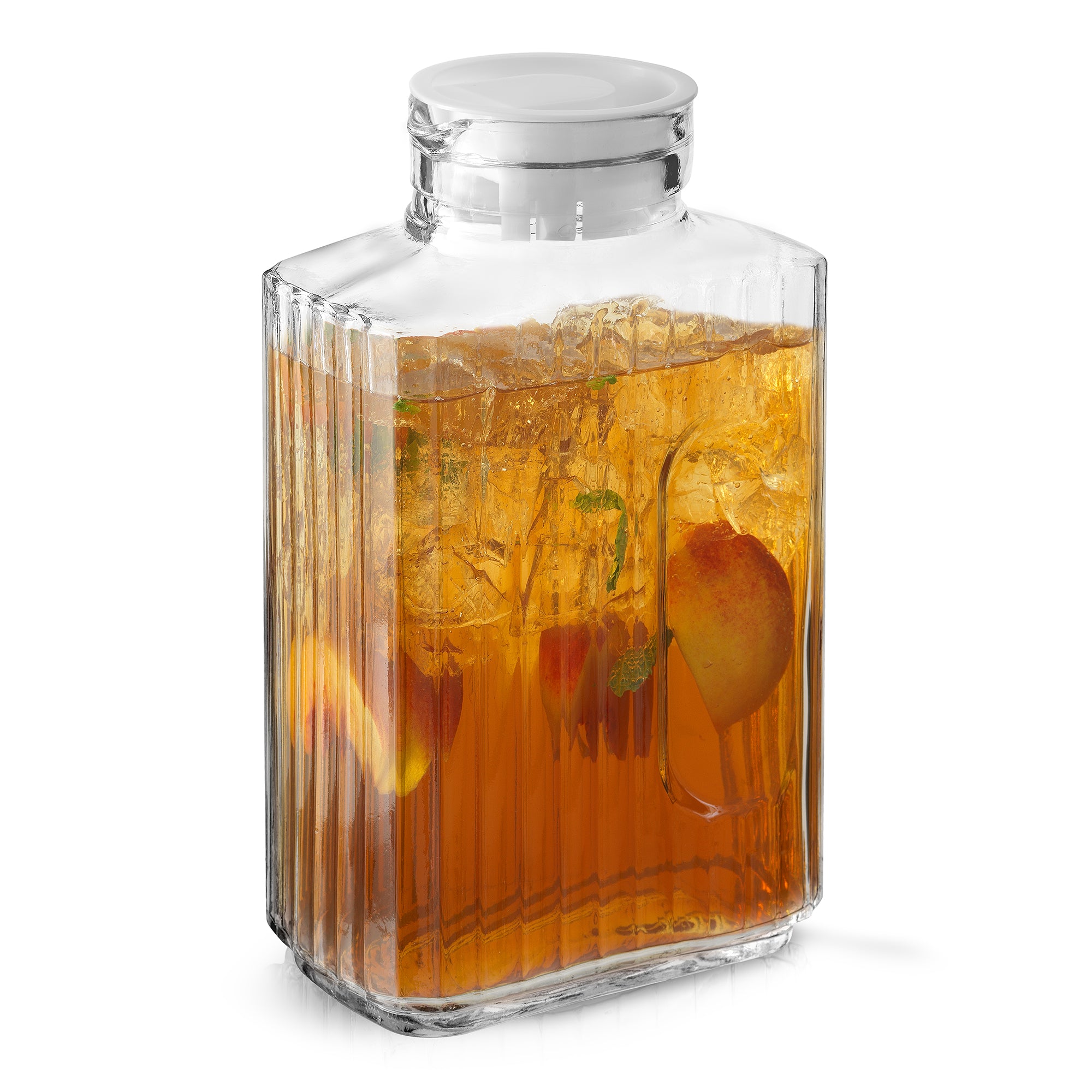 A glass pitcher filled with iced tea and fruit slices sits on a plain white background. The pitcher is clear spout for pouring. This is a JoyJolt Beverage Serveware Glass Pitcher.