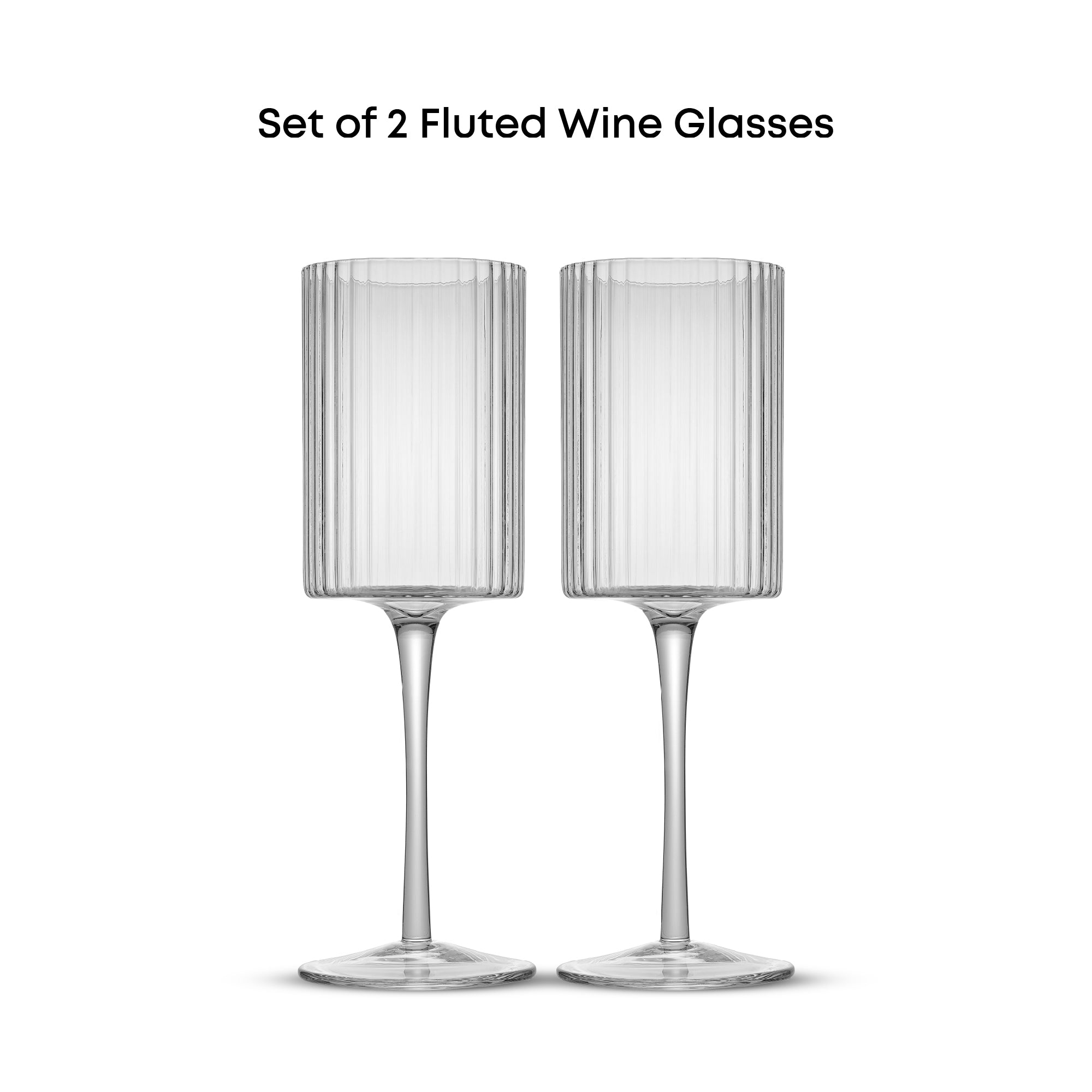 A set of two clear, tall wine glasses with fluted cylindrical bodies and single stems.