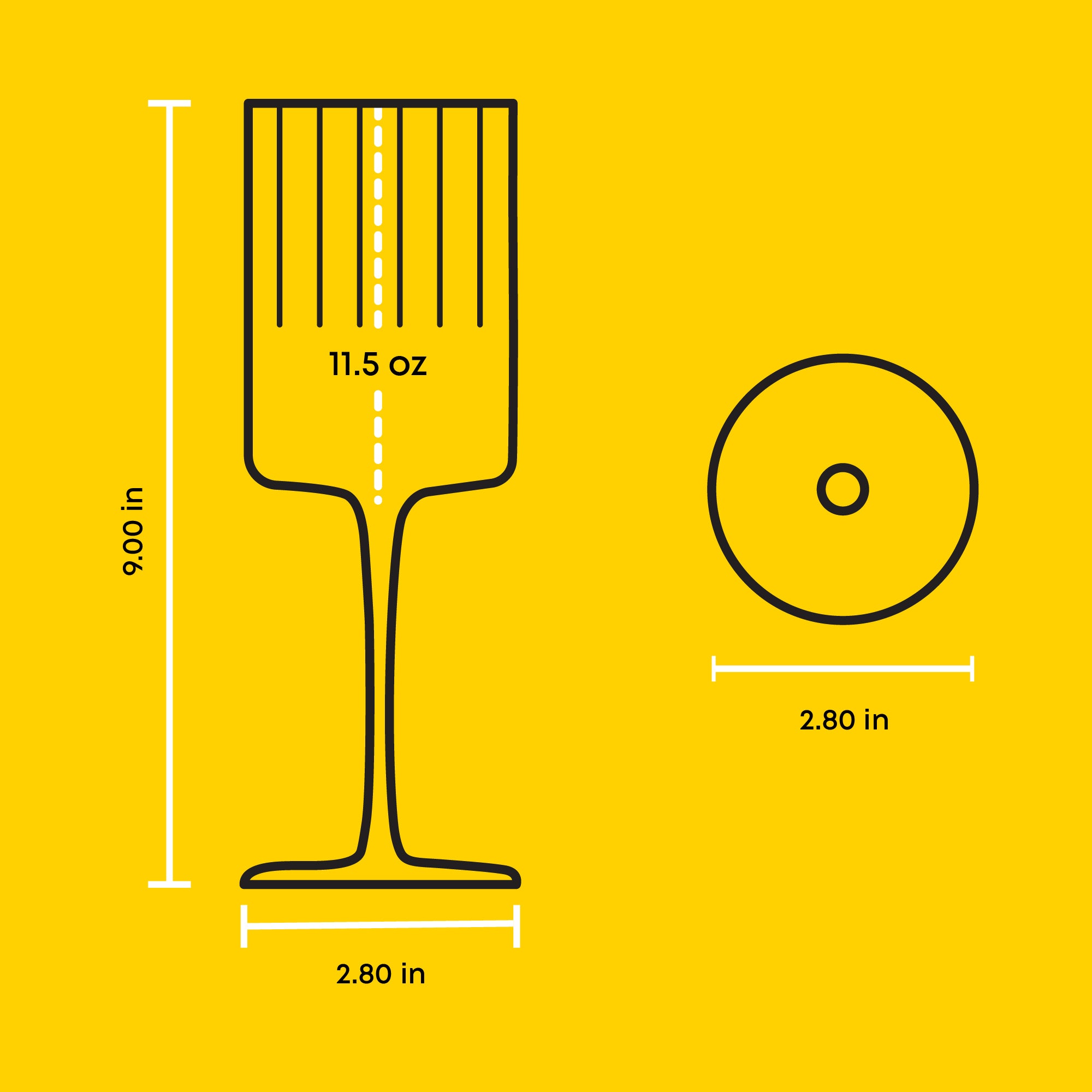 Line drawing of a wine glass with dimensions: 11.5 oz capacity, 9.00 inches tall, 2.80 inches wide at base, and 2.80 inches wide at rim.