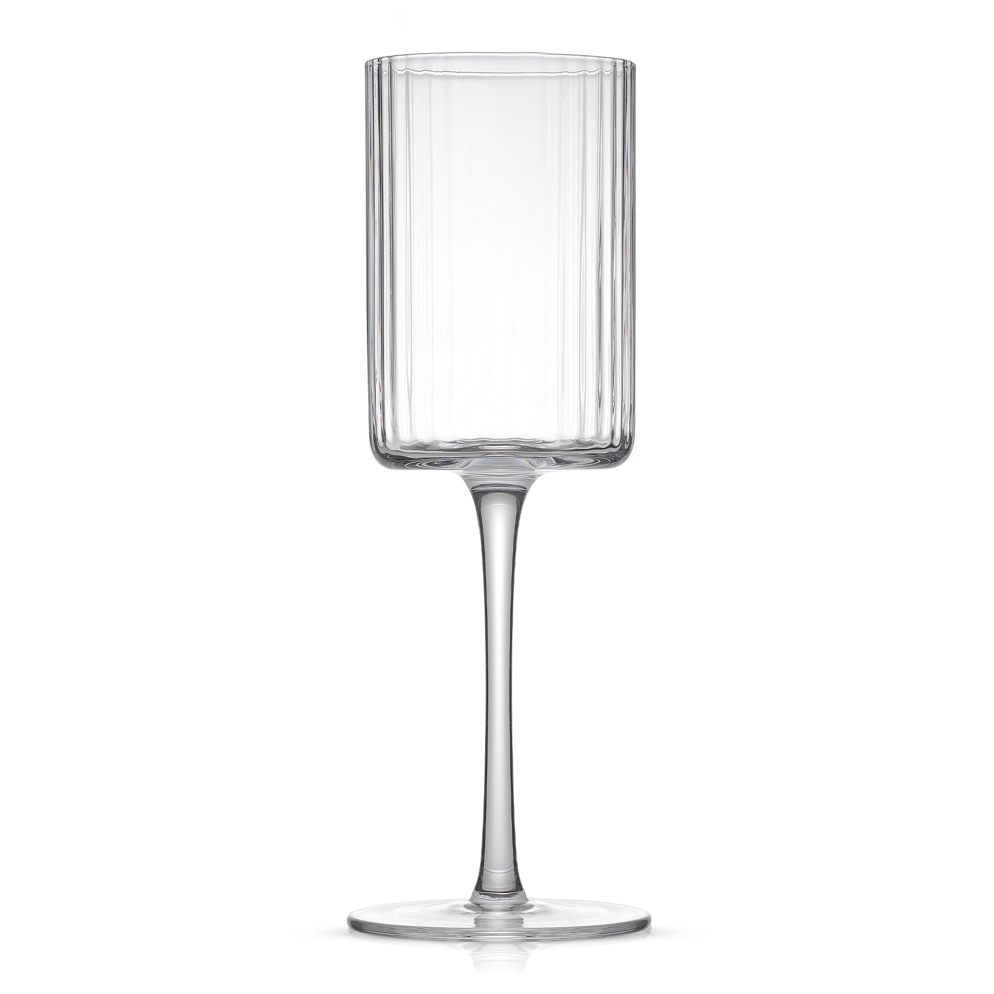 A tall, stemmed wine glass with a fluted cylindrical body and a single stem. 