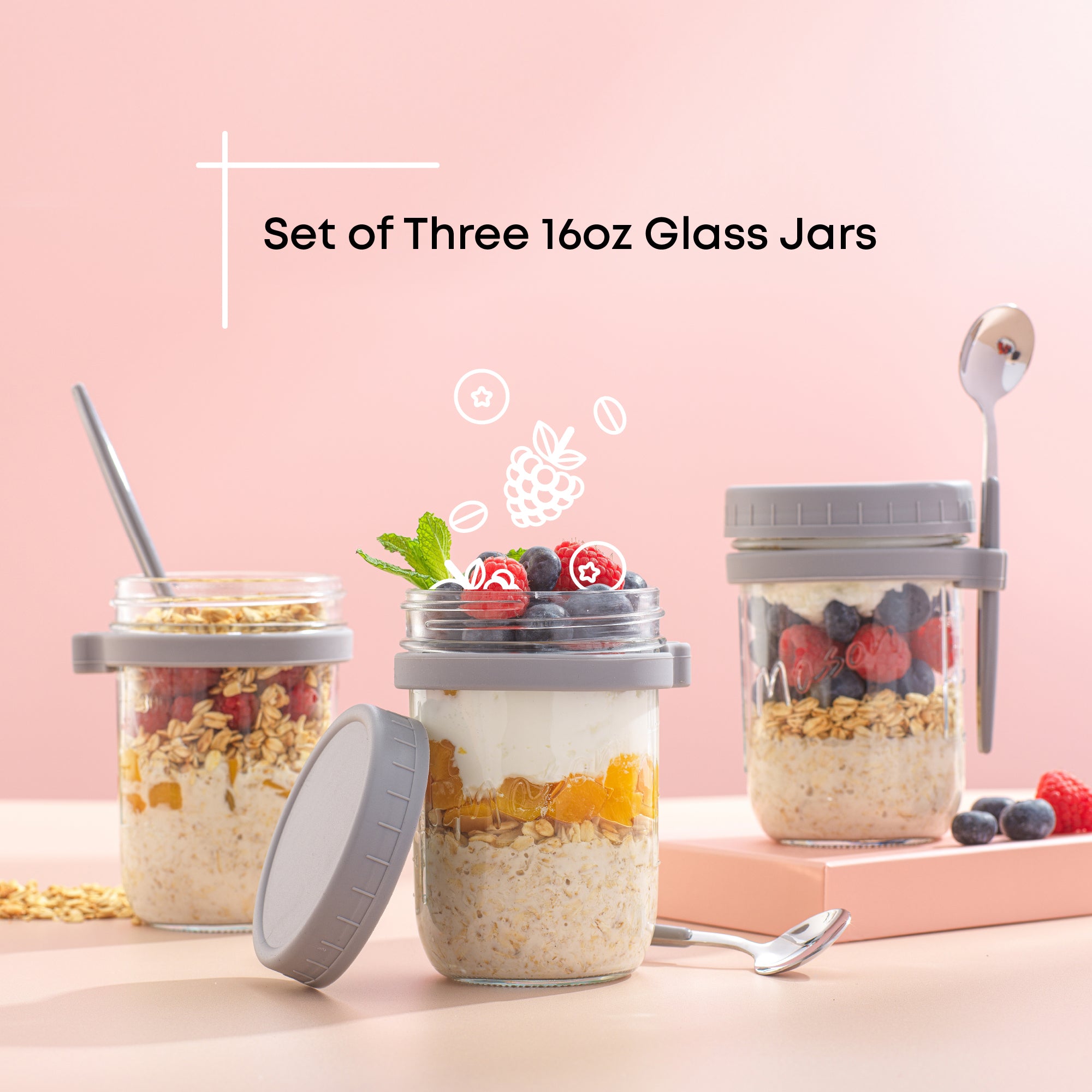 Set of three grey 16 oz overnight oats container filled with various fruit and granola. 