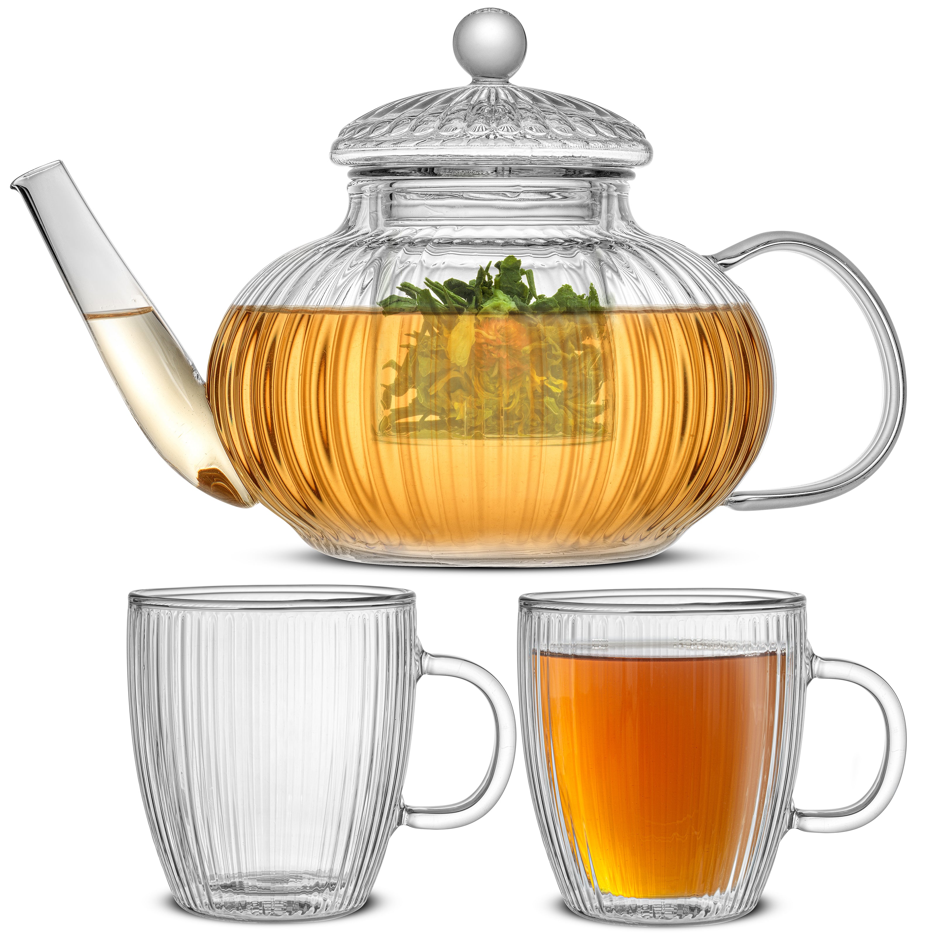 JoyJolt Fluted Tea Kettle & Glass Mugs Combo