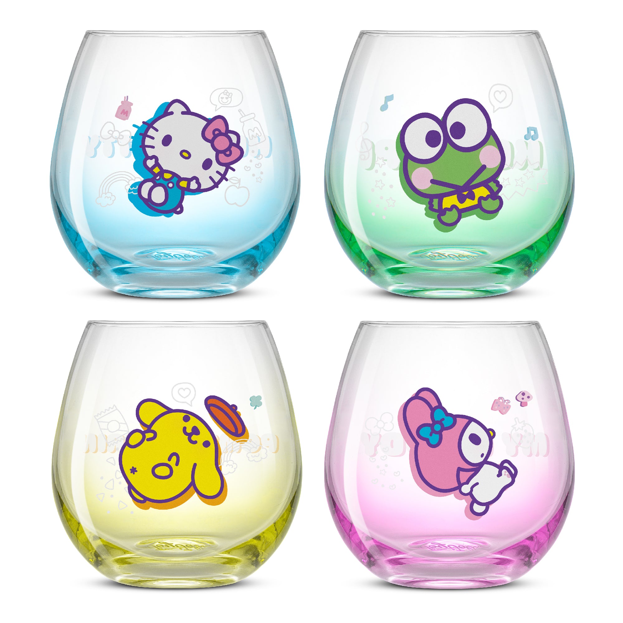 A set of four stemless wine glasses of Hello Kitty characters, Hello Kitty, Keroppi, Pompompurin, and My Melody.