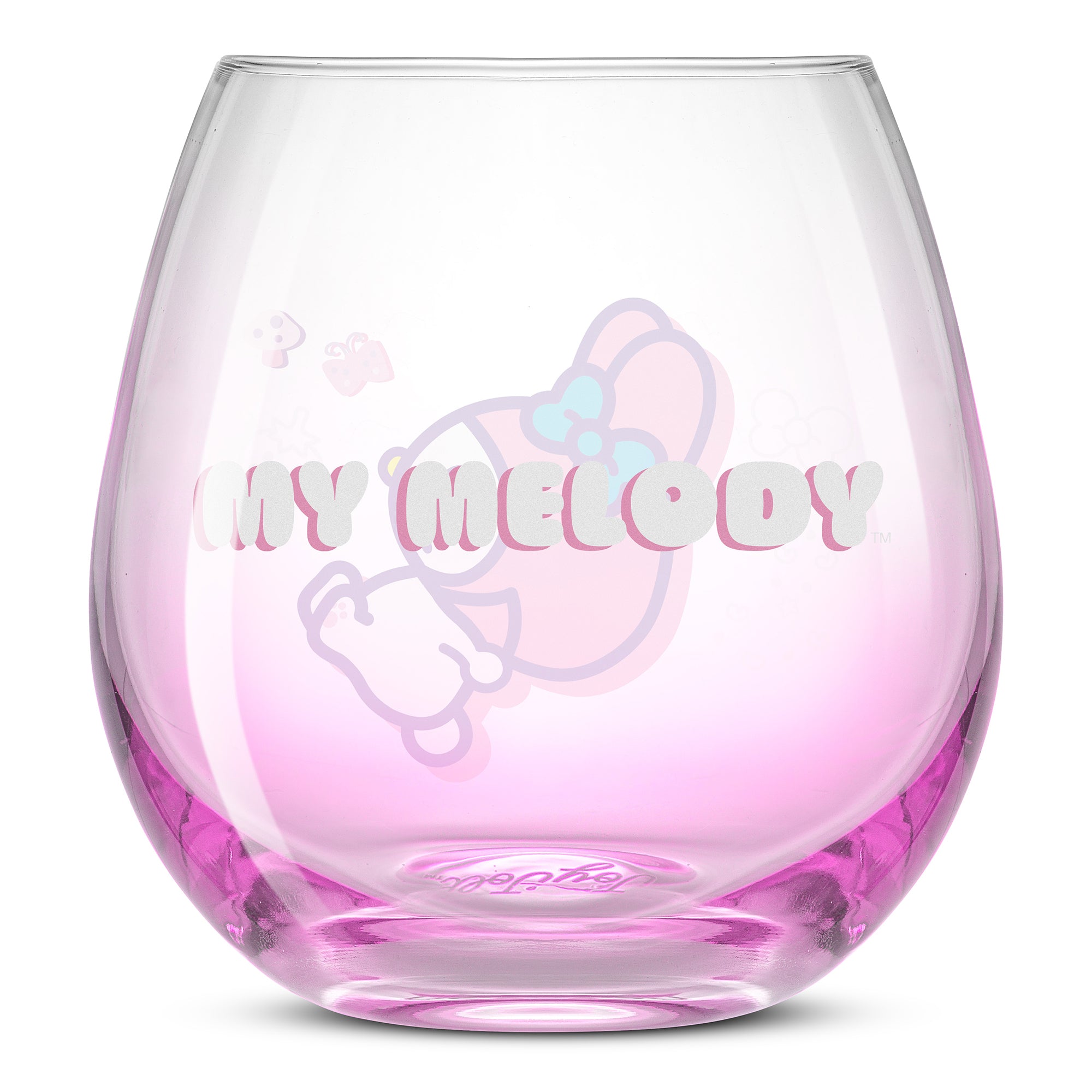 An empty pink ombre glass showing the text, "My Melody" on the glass.