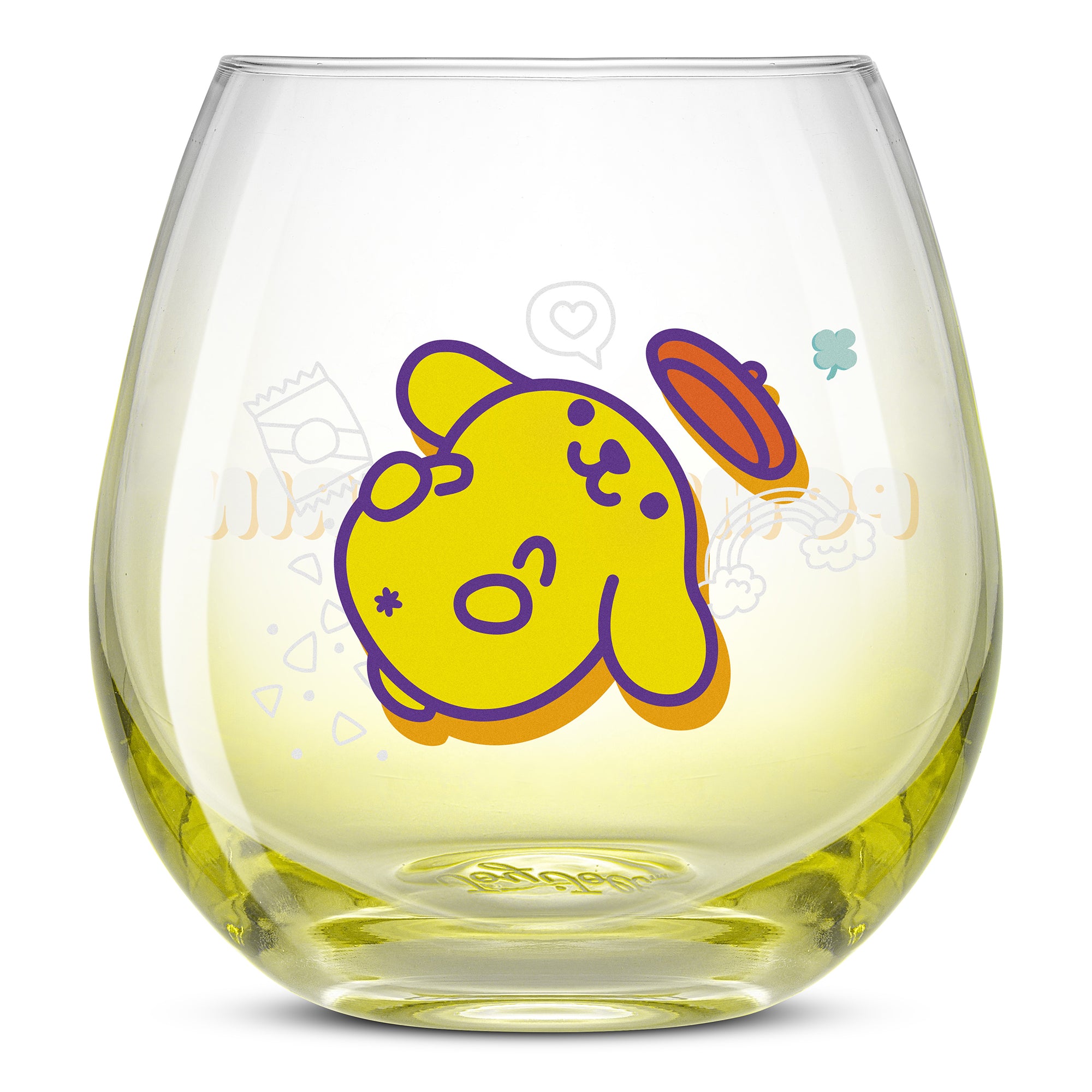 An empty yellow ombre glass featuring Pompompurin from Hello Kitty and Friends. 