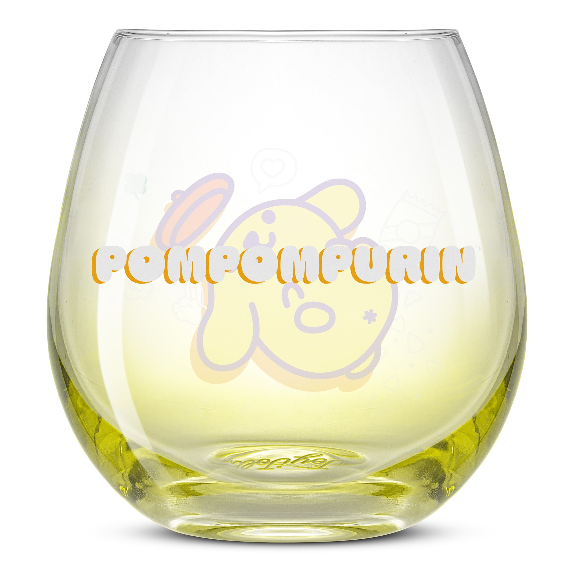 An empty yellow ombre glass showing the text "Pompompurin" on the glass. 