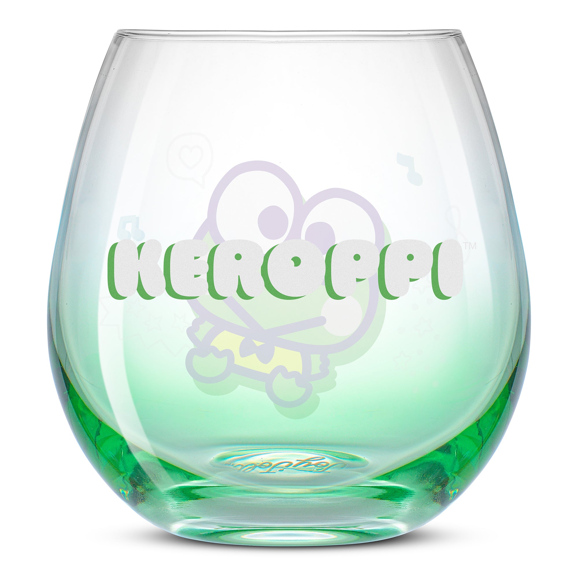 An empty green ombre glass showing the text, "Keroppi" on the glass. 