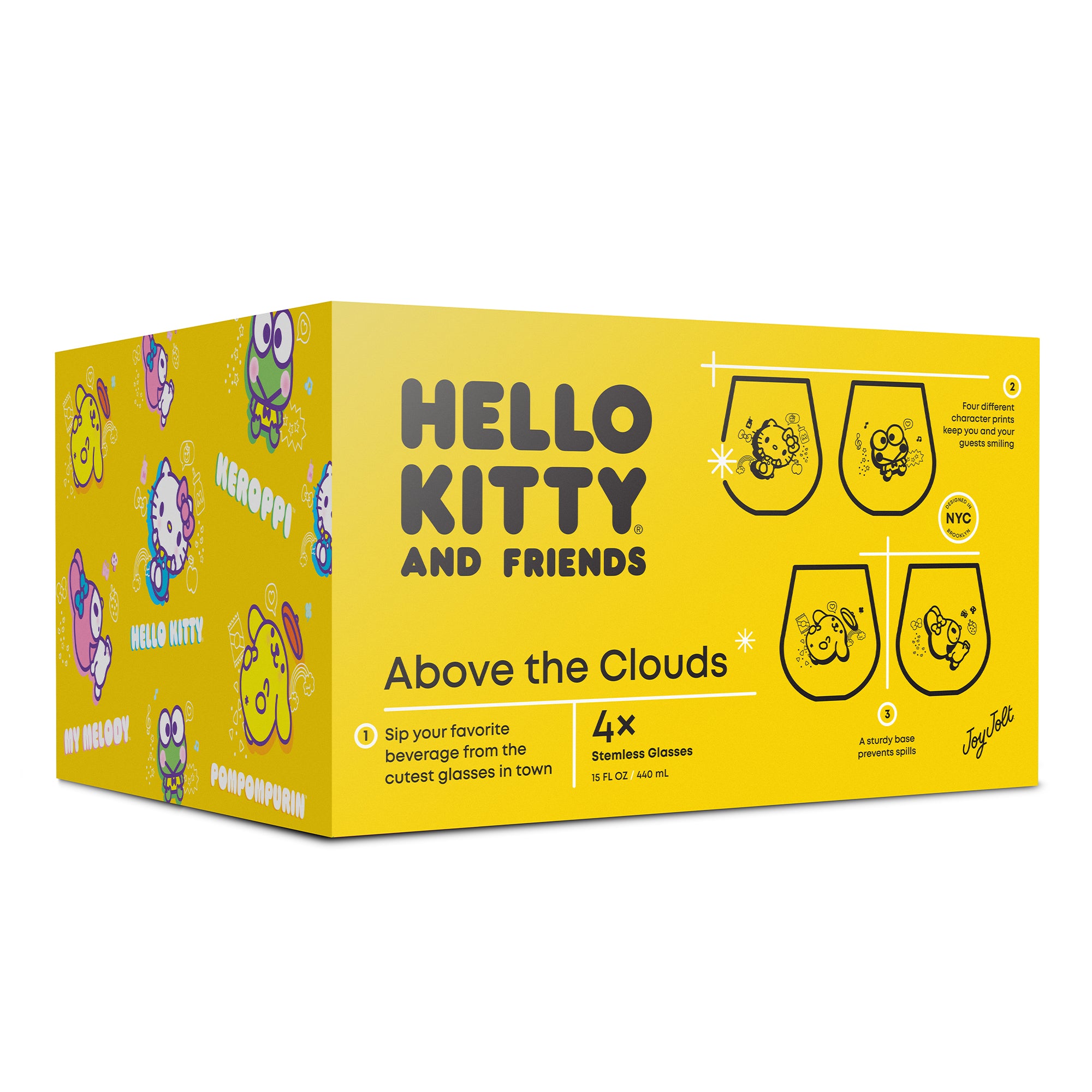 A box containing four Hello Kitty and Friends stemless wine glasses. The glasses are made of clear glass and have a colorful Hello Kitty and Friends design. Text on the box describes the glasses as "Four different character prints" and "Stemless Glasses."