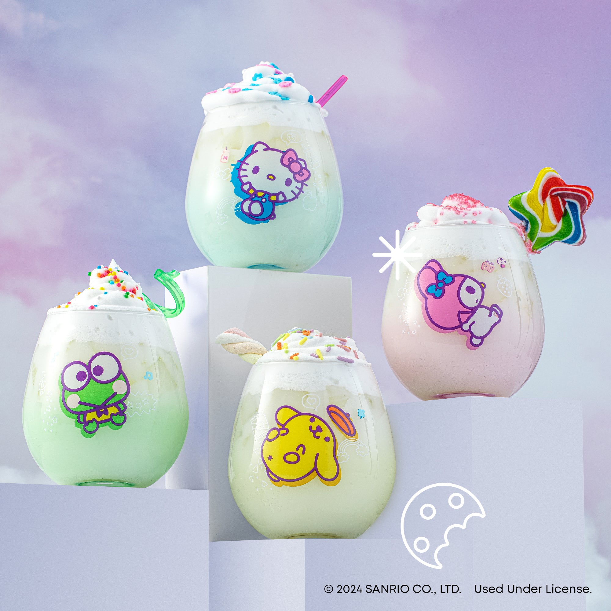 A stack of four Hello Kitty and Friends glasses. The glasses are made of clear glass and have a colorful Hello Kitty and Friends design. The design features Hello Kitty, Keroppi, My Melody, and Pompompurin.