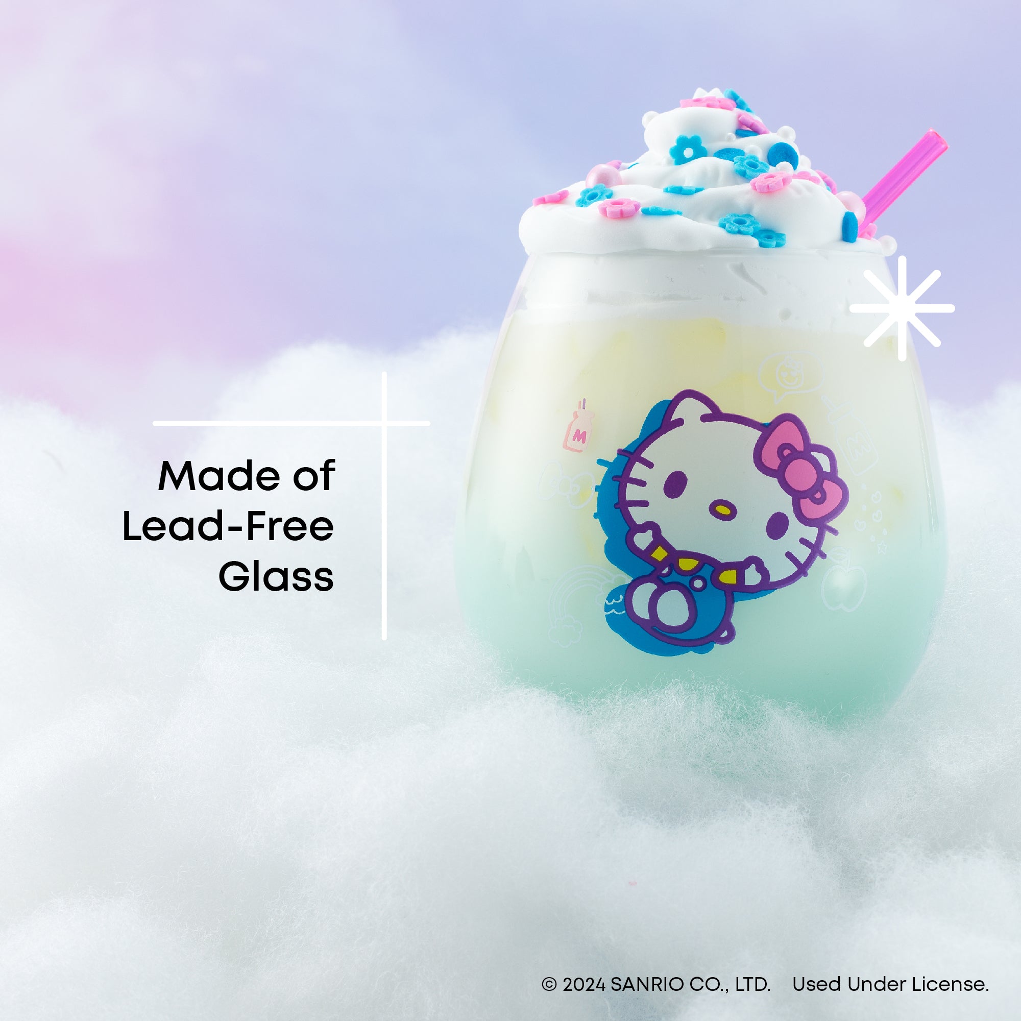 A blue ombre Hello Kitty glass with text on the image saying, "Made of Lead-Free Glass."