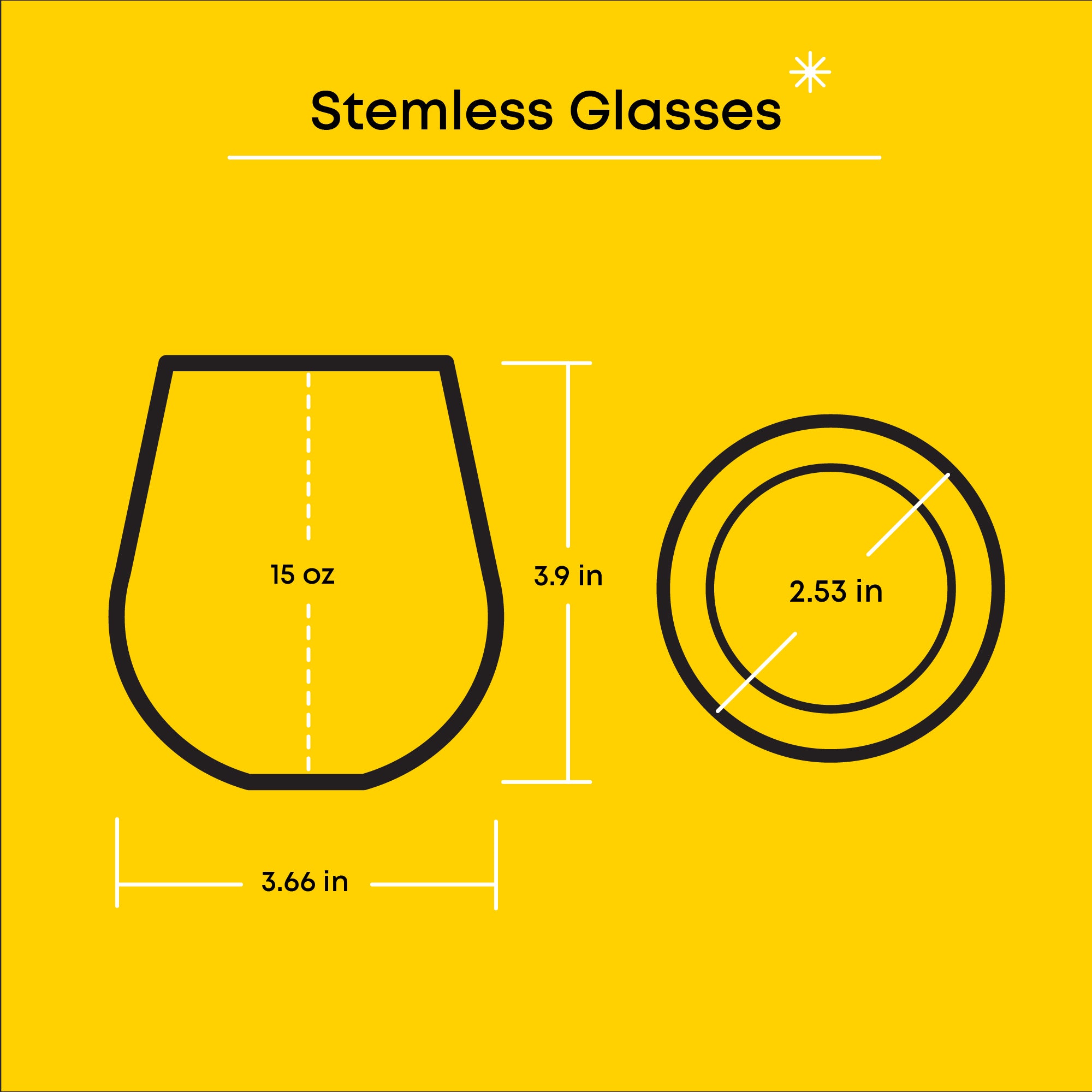 A diagram showing the dimensions of a stemless wine glass. The diagram includes the height, width, and rim diameter of the glass. The background is yellow.