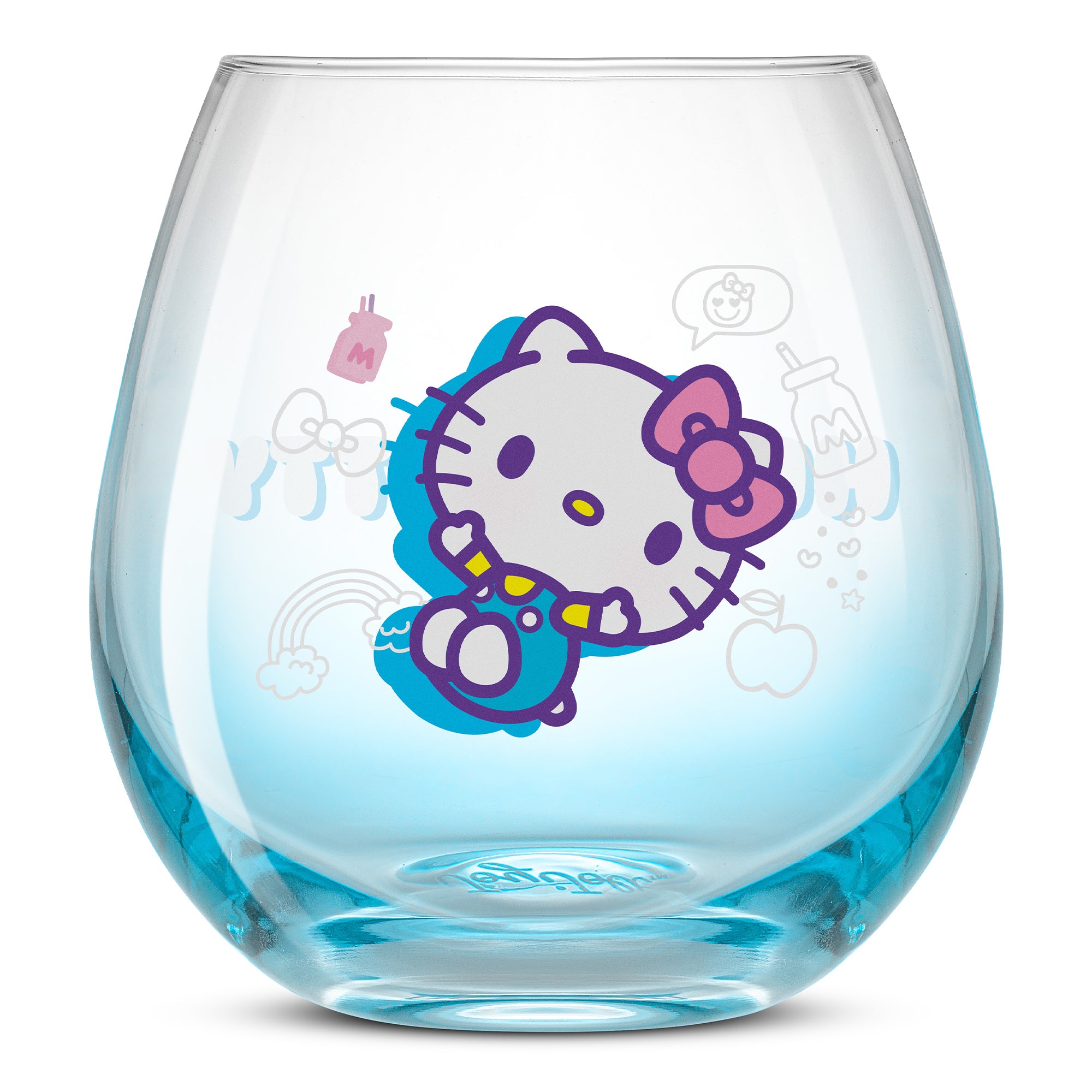 An empty blue ombre glass featuring Hello Kitty.