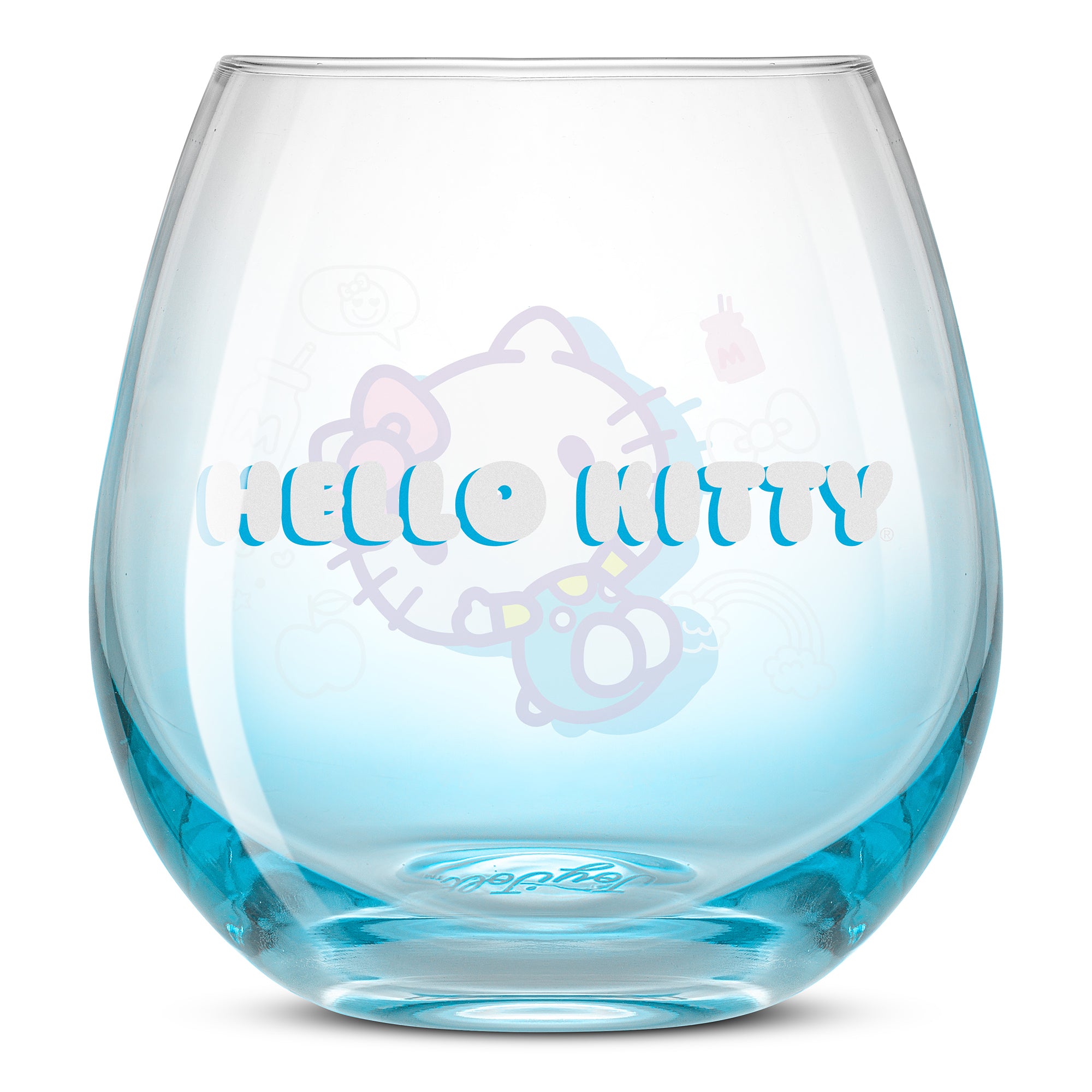 An empty blue ombre glass showing the text, "Hello Kitty."