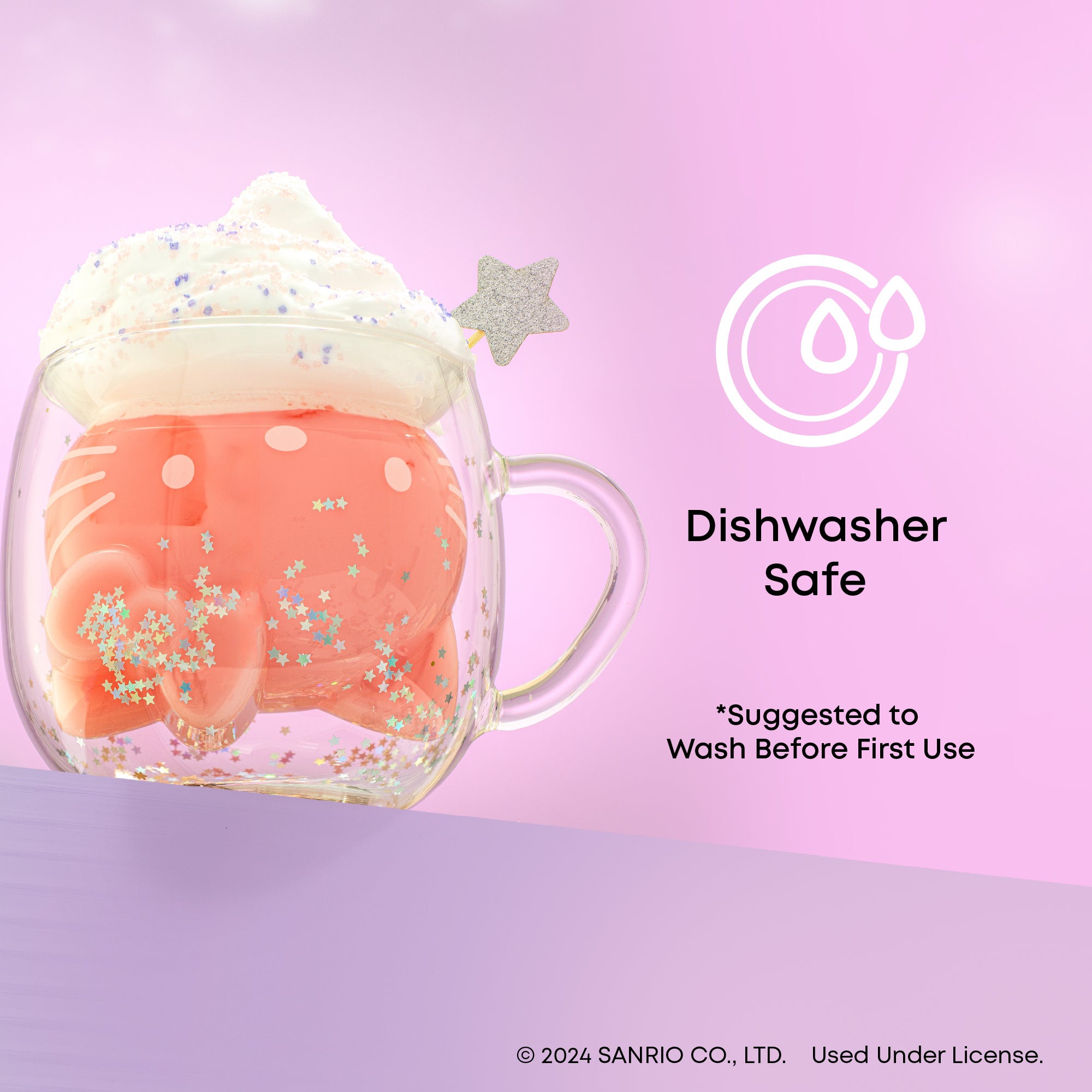 A Hello Kitty mug filled with a pink drink and whipped cream on top. The mug is dishwasher safe and it is recommended to wash before first use. 