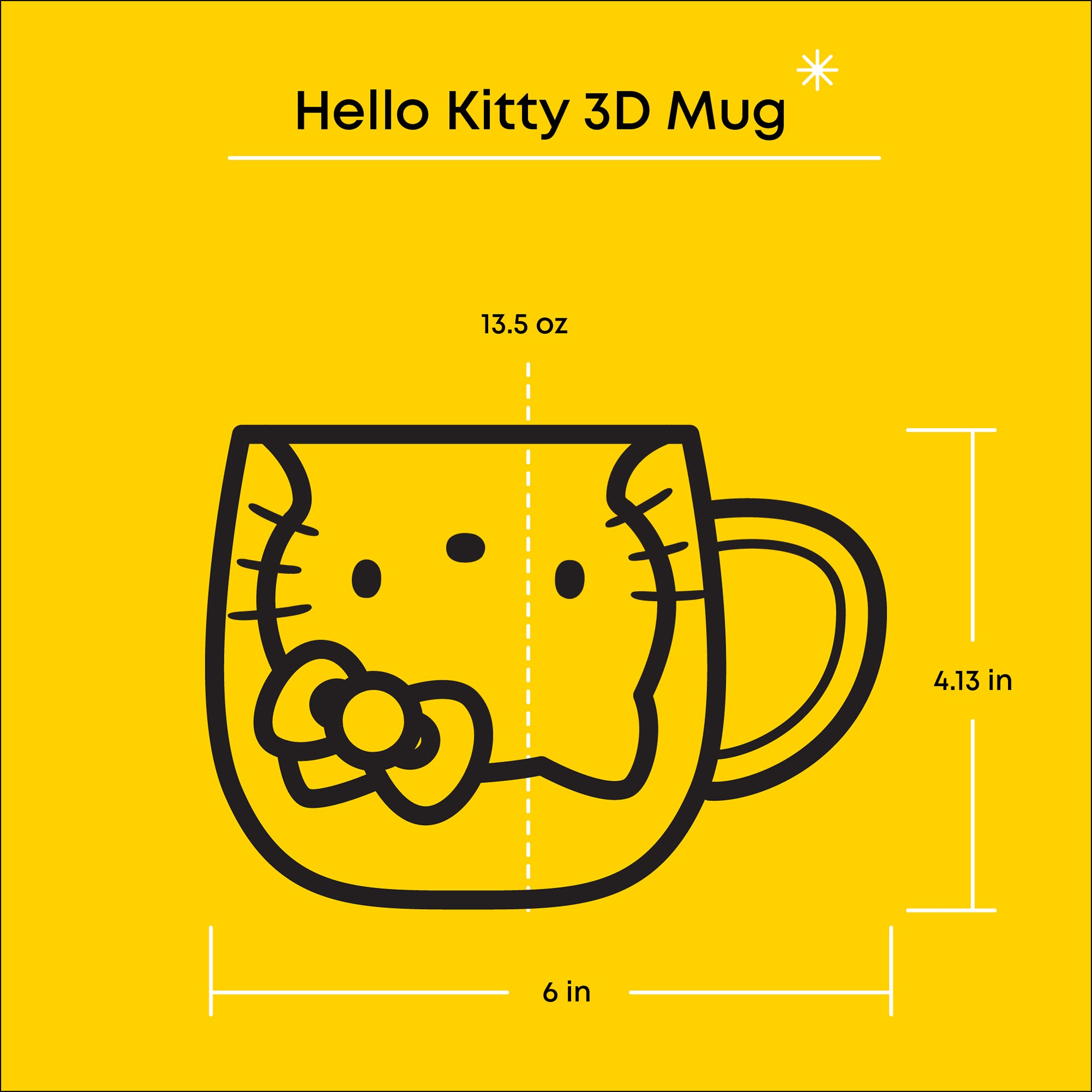 A black and white outline drawing of a Hello Kitty mug. The mug has a black handle and a picture of a Hello Kitty head on the front.