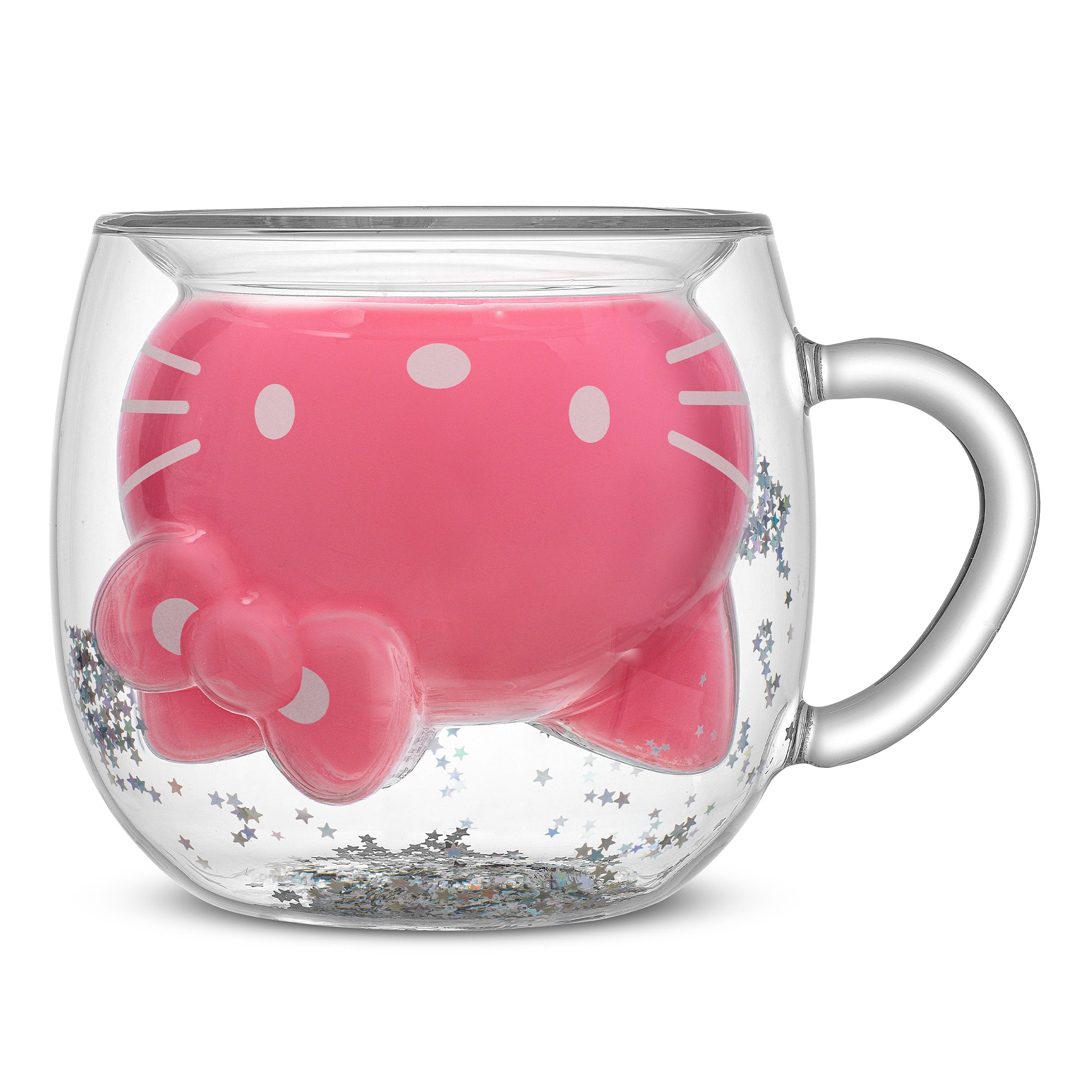 A clear double wall glass with glitter of a 3D Hello Kitty filled with a pink drink.