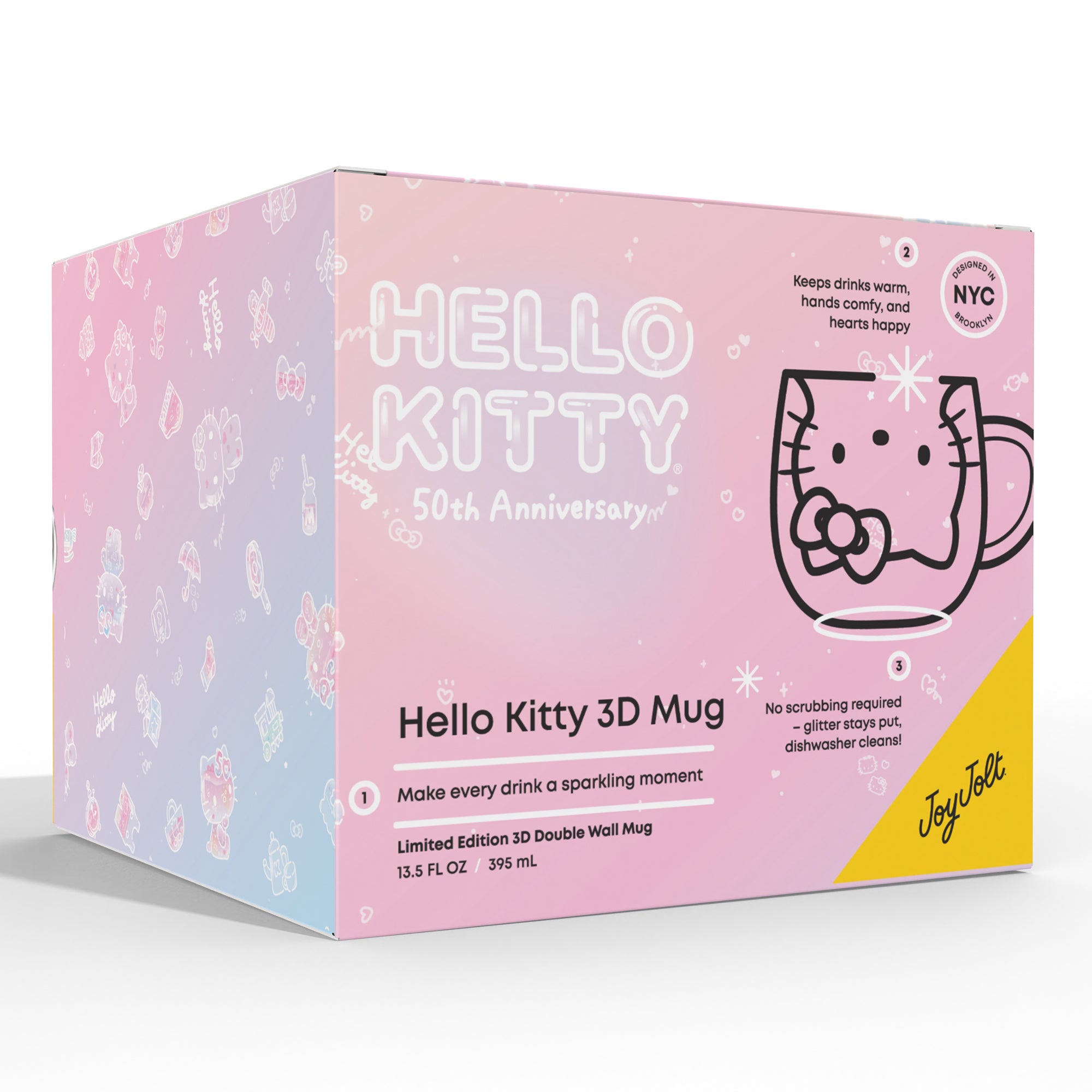 A pink box showcasing Hello Kitty 50th Anniversary Limited Edition 3D Double Wall Mug.