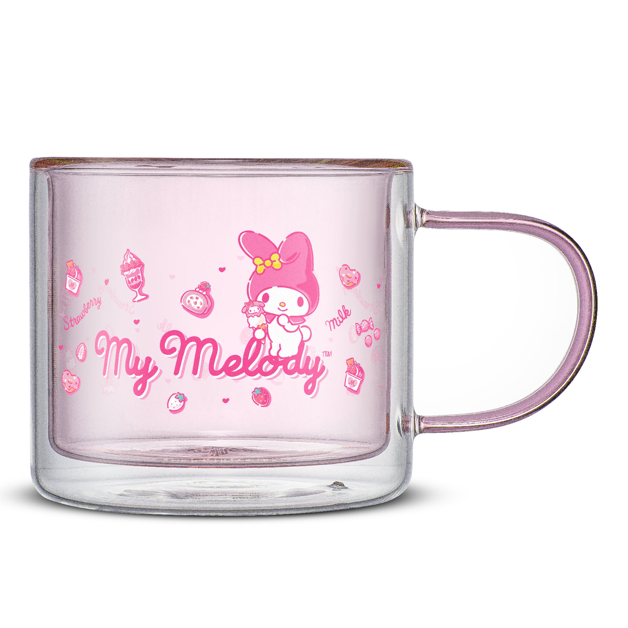 A pink glass mug with a white image of My Melody, a little cartoon rabbit wearing a red hooded cloak and holding a pink purse. Text on the mug reads  “Strawberry Milk.” The mug is from a collaboration between JoyJolt and Sanrio.