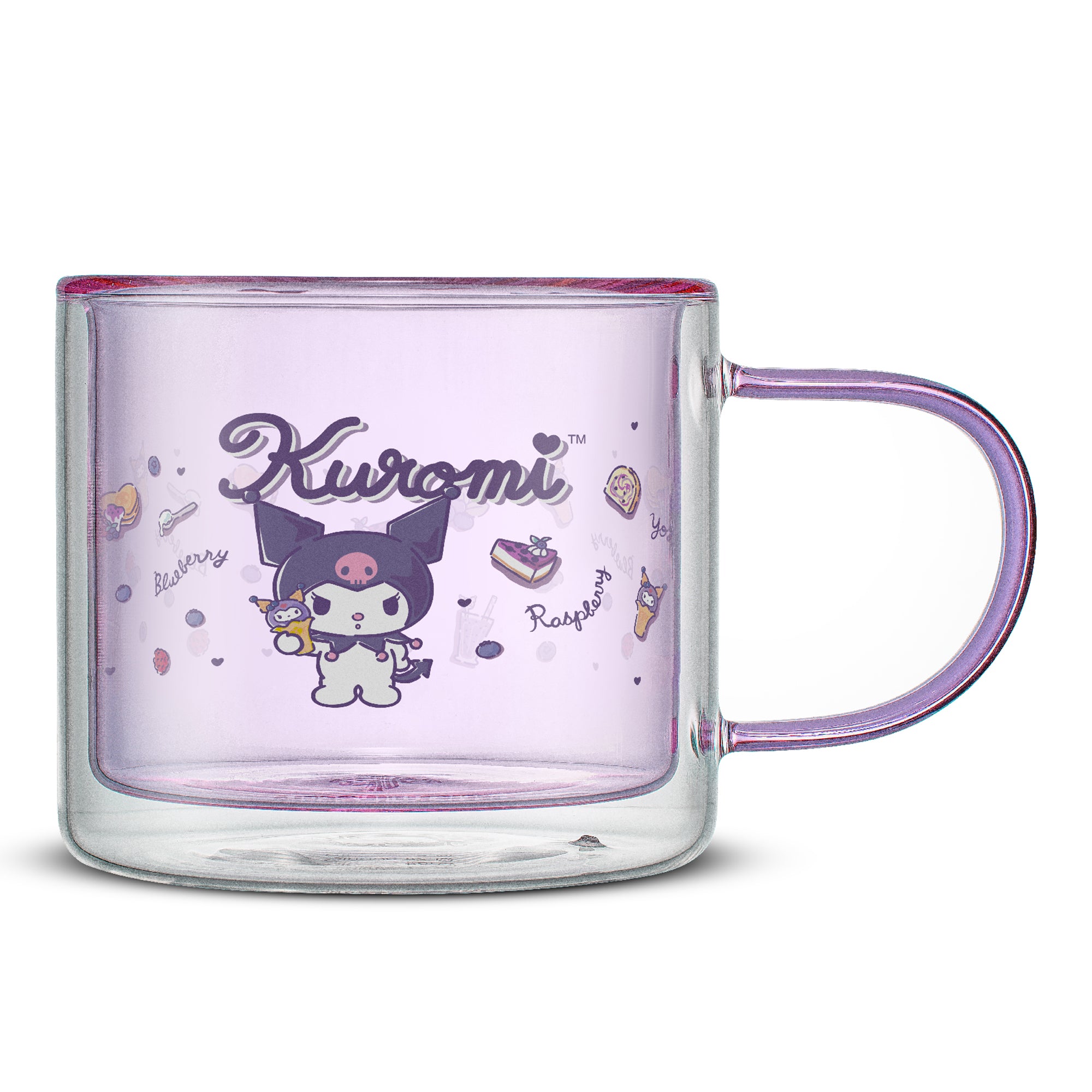 A purple glass mug with an image of Kuromi by JoyJolt and Sanrio. Text on the mug reads "Kuromi," "Blueberry," and "Raspberry."