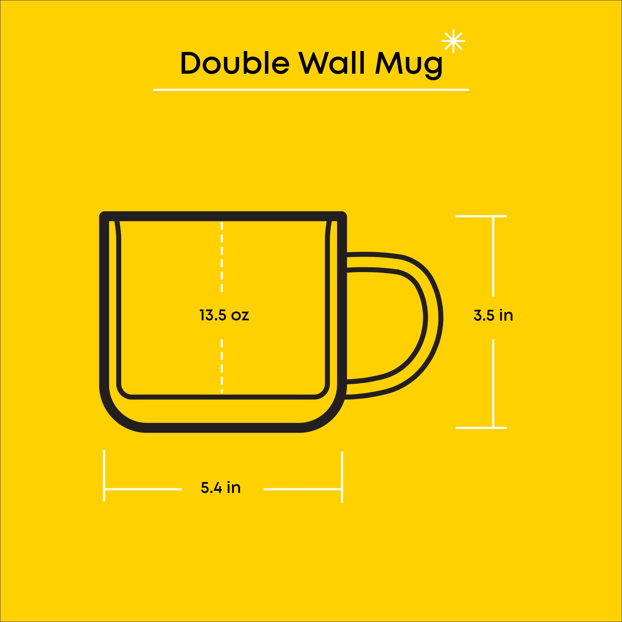 A technical drawing of a double wall mug with dimensions. Text on the image specifies the mug is 13.5 ounces, 3.5 inches tall, and 5.4 inches wide.