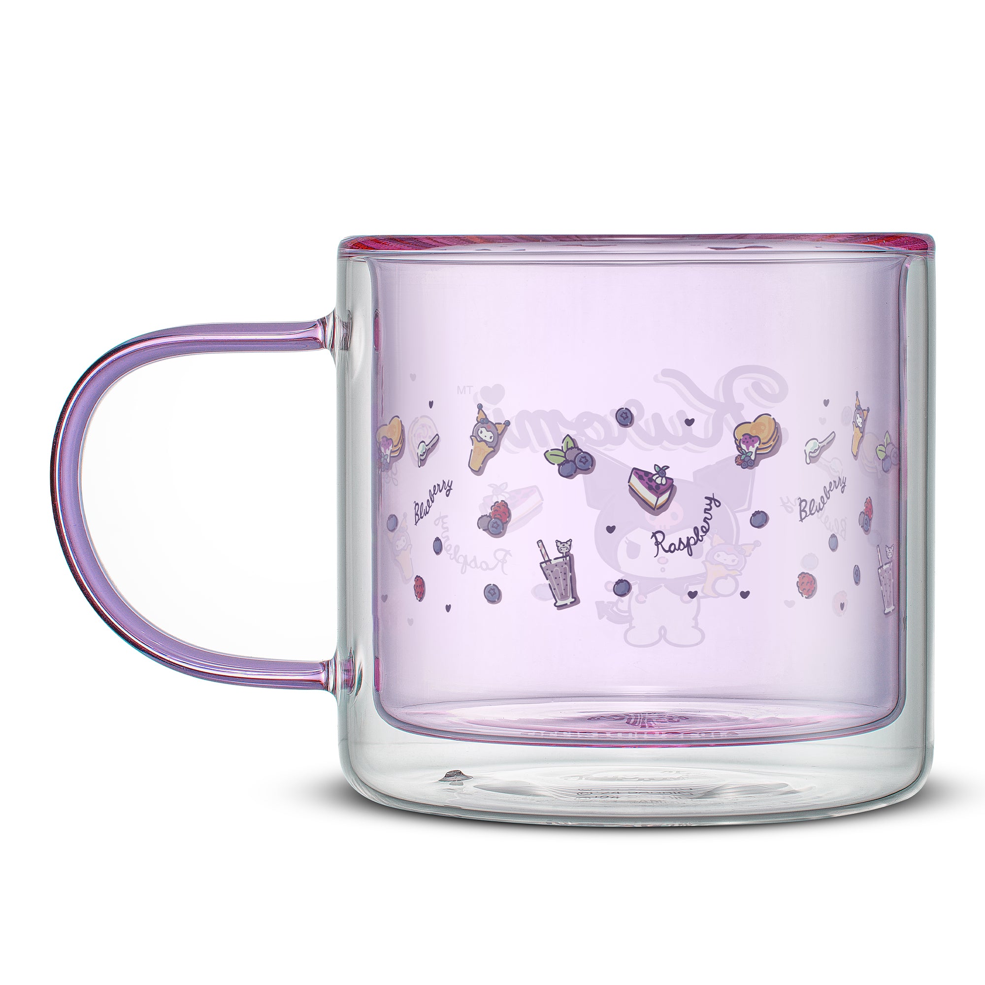 A purple mug with graphics of blueberry, a milkshake, heart shaped pancakes, and a spoon. Text on the mug says, "Blueberry" and "Raspberry."