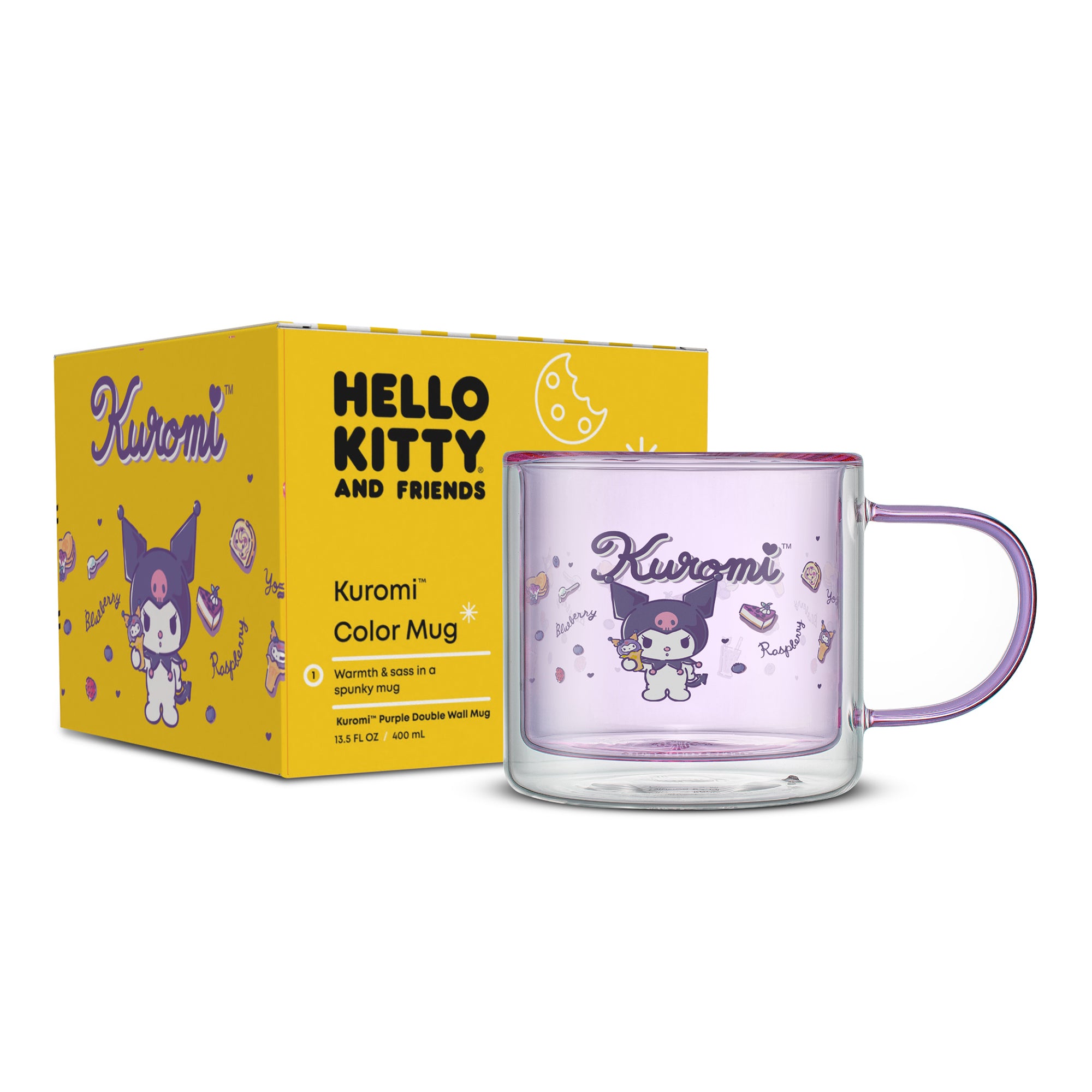 A purple Kuromi double-wall glass mug. A JoyJolt yellow box displaying Hello Kitty with Kuromi graphics on the side. 