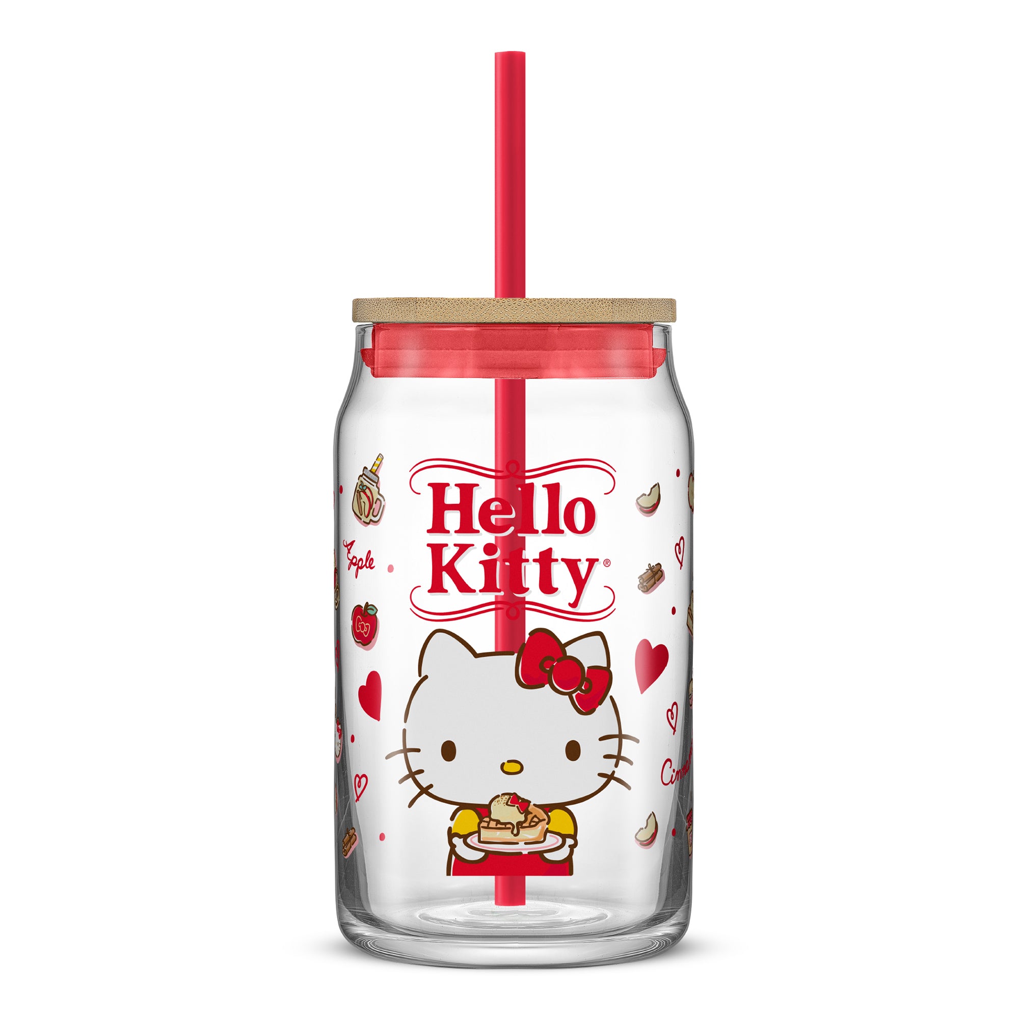 A JoyJolt x Sanrio Hello Kitty tumbler glass with a bamboo lid and straw featuring Hello Kitty holding a piece of pie. 