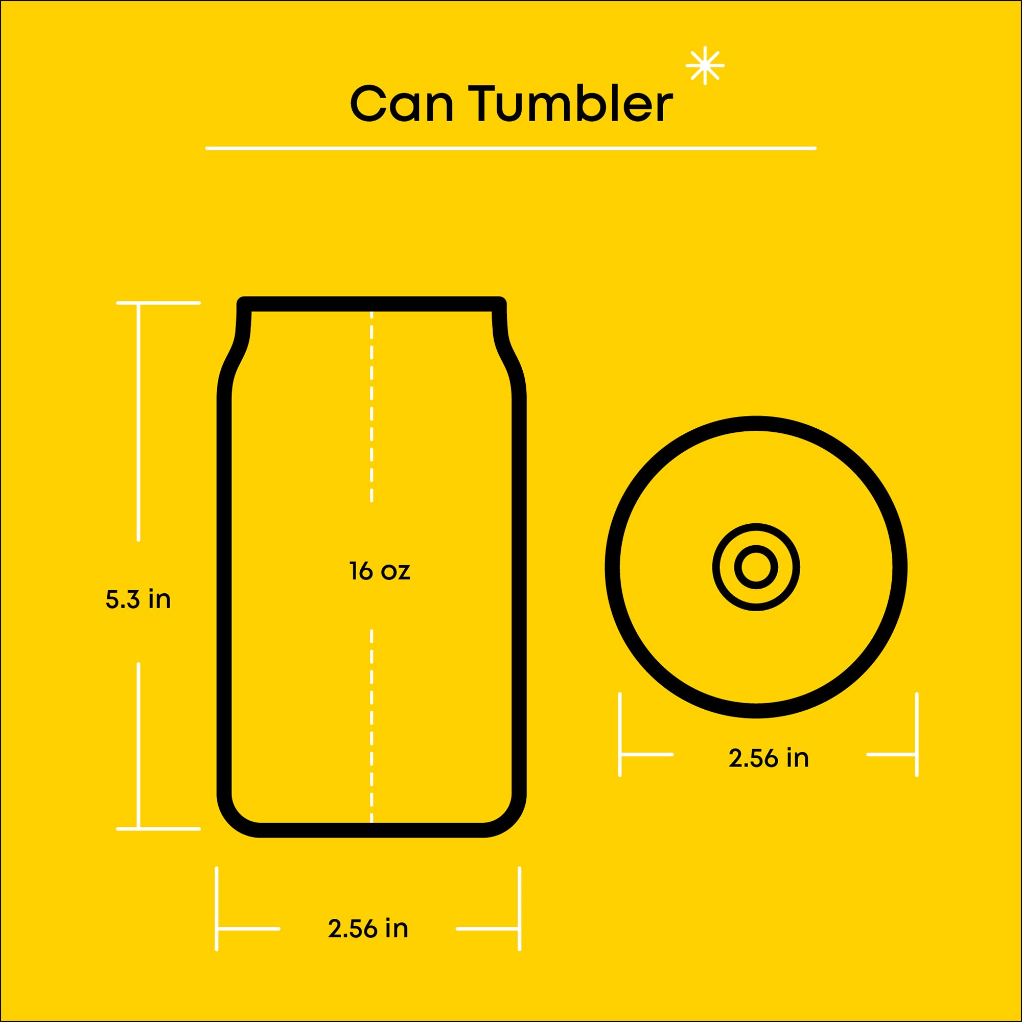 A diagram showing the dimensions of a stainless steel can tumbler. The tumbler has a height of 5.3 inches and a diameter of 2.56 inches. It can hold 16 ounces of liquid.