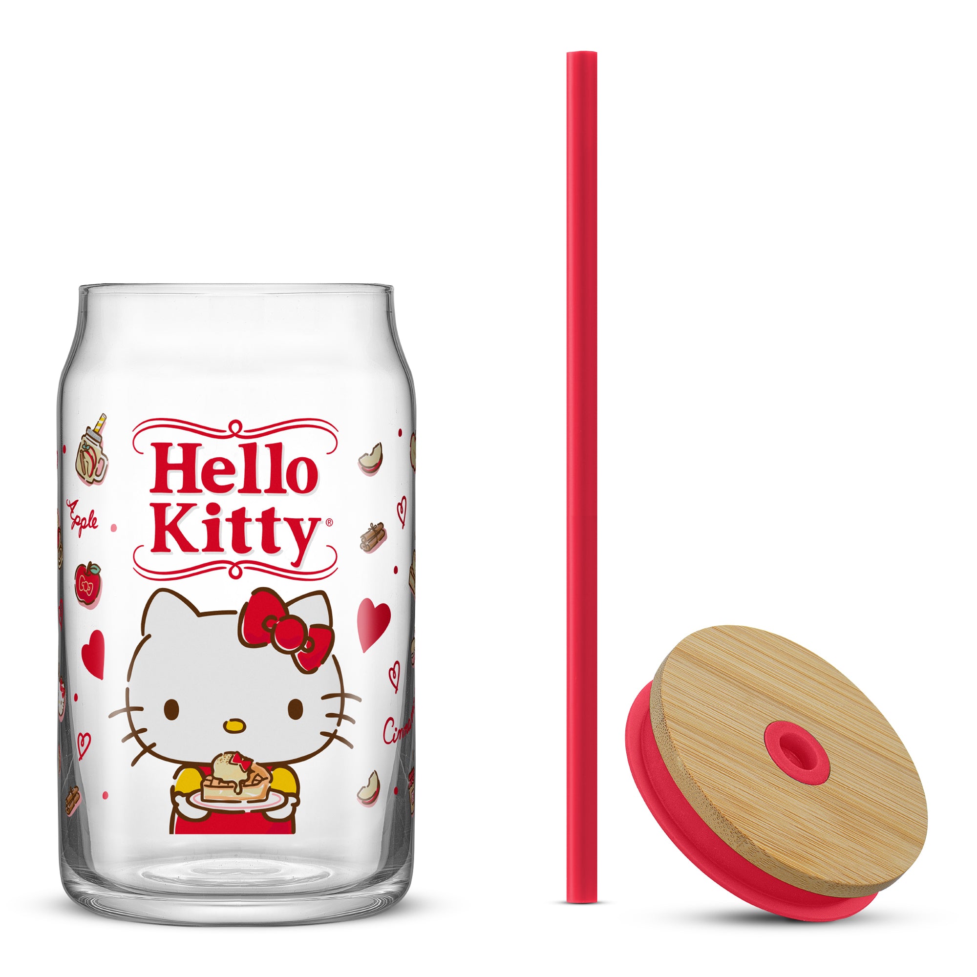 A Hello Kitty glass cup with a bamboo lid and straw. The cup is transparent and features a red Hello Kitty design with a white background.