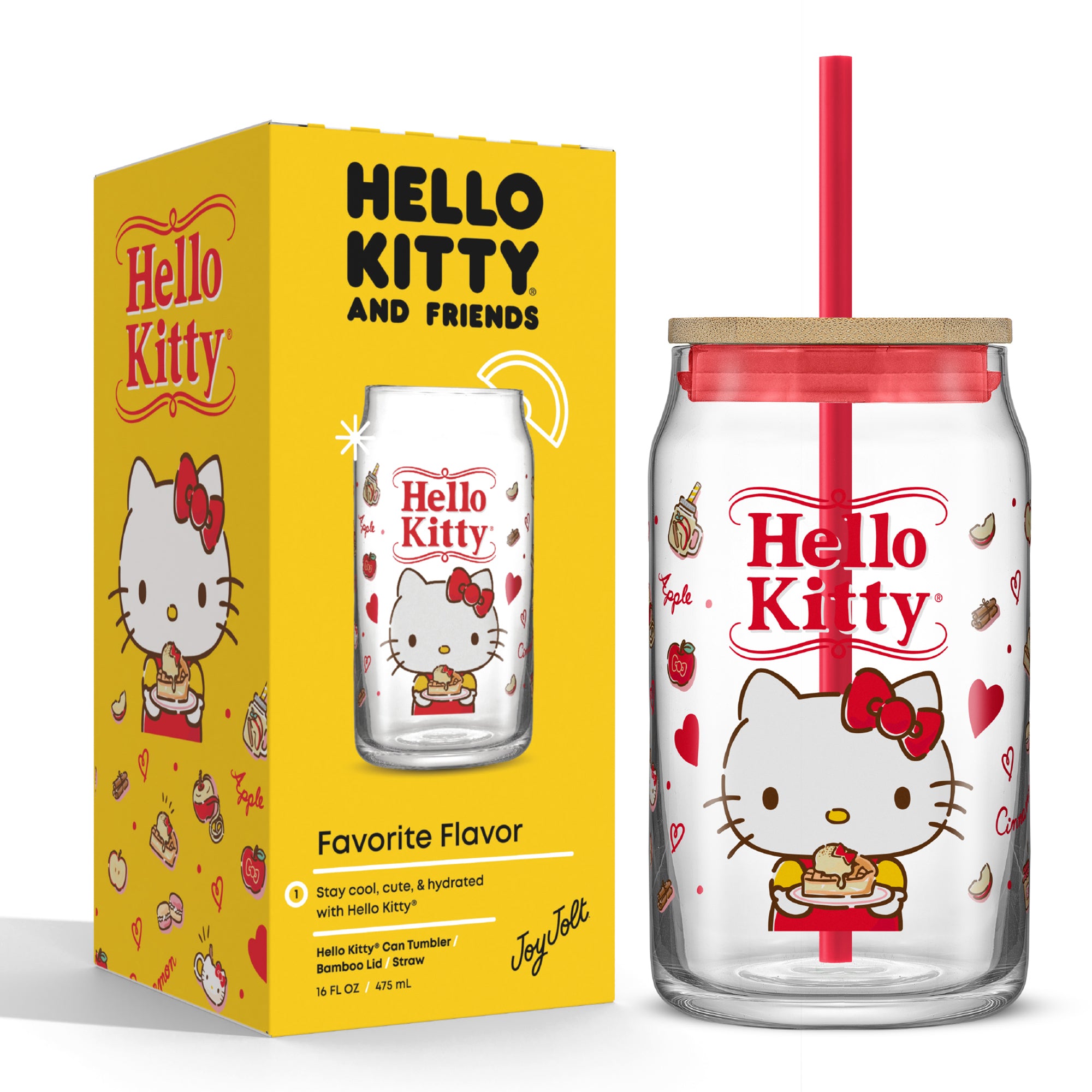 A packaging box containing a Hello Kitty glass cup. The cup is transparent with a red Hello Kitty design and a white background. It has a bamboo lid and a straw.