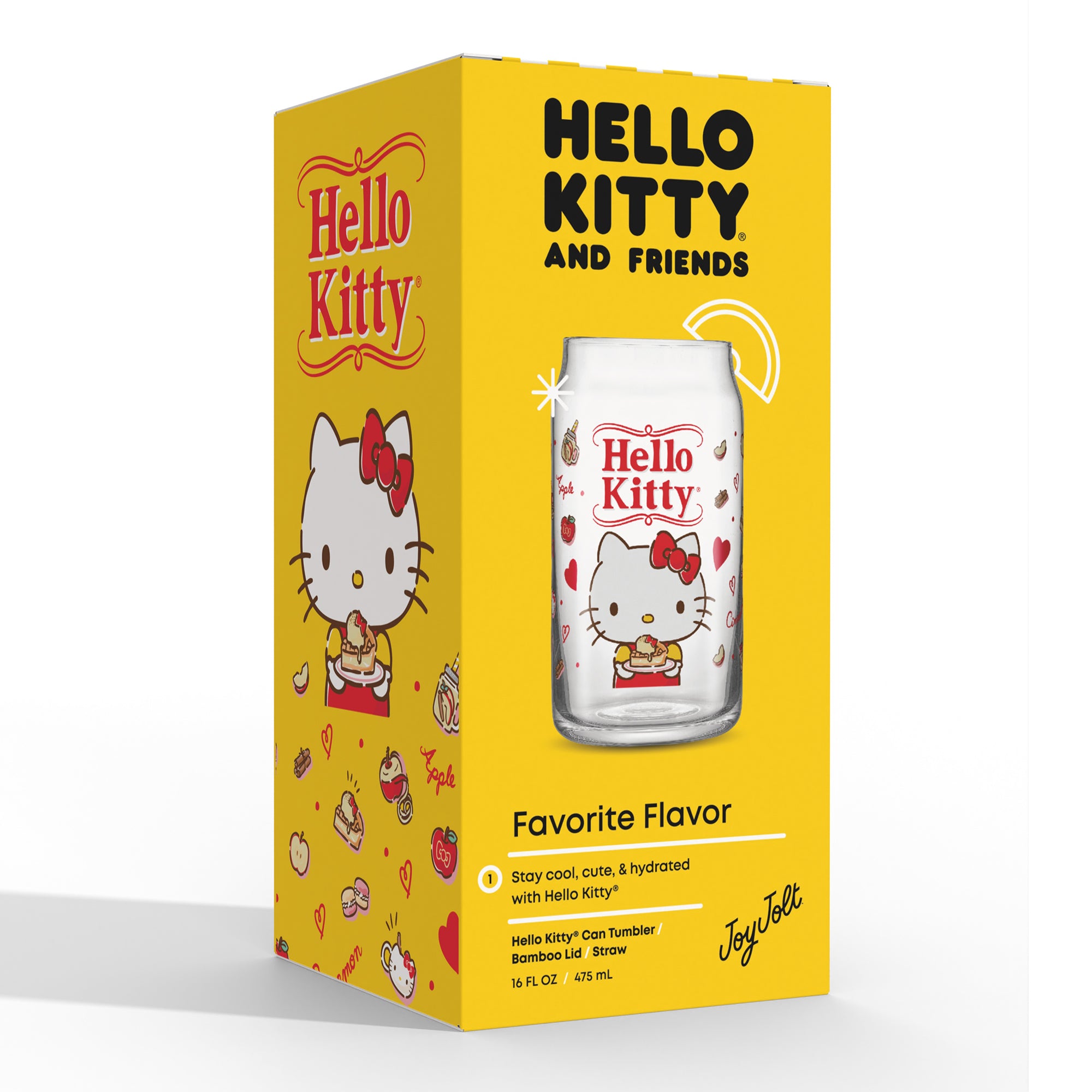 A Hello Kitty glass cup with a bamboo lid and straw. The cup is transparent and features a red Hello Kitty design with a white background. The cup is packaged in a cardboard box with the text "Hello Kitty and Friends" and "Hello Kitty Can Tumbler Bamboo Lid Straw 16 FL OZ 475 mL".