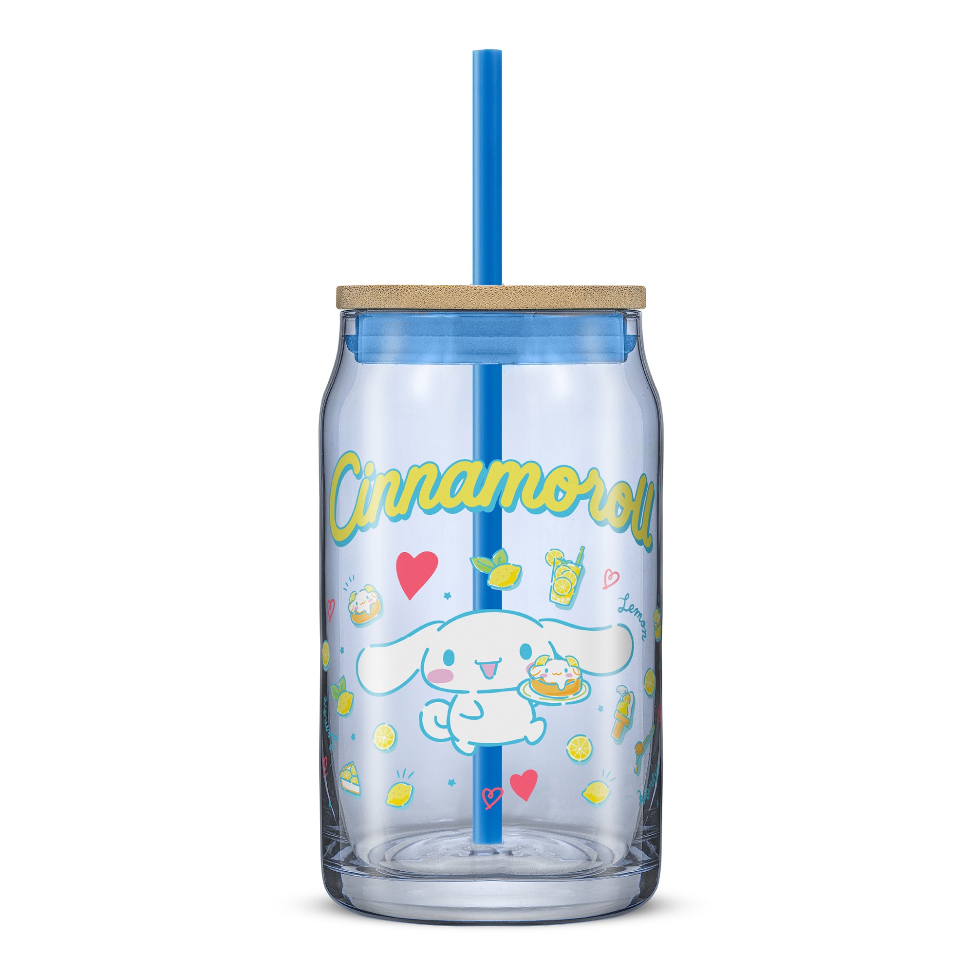 A blue Hello Kitty and Friends tumbler glass with a bamboo lid and blue straw featuring Cinnamoroll. 