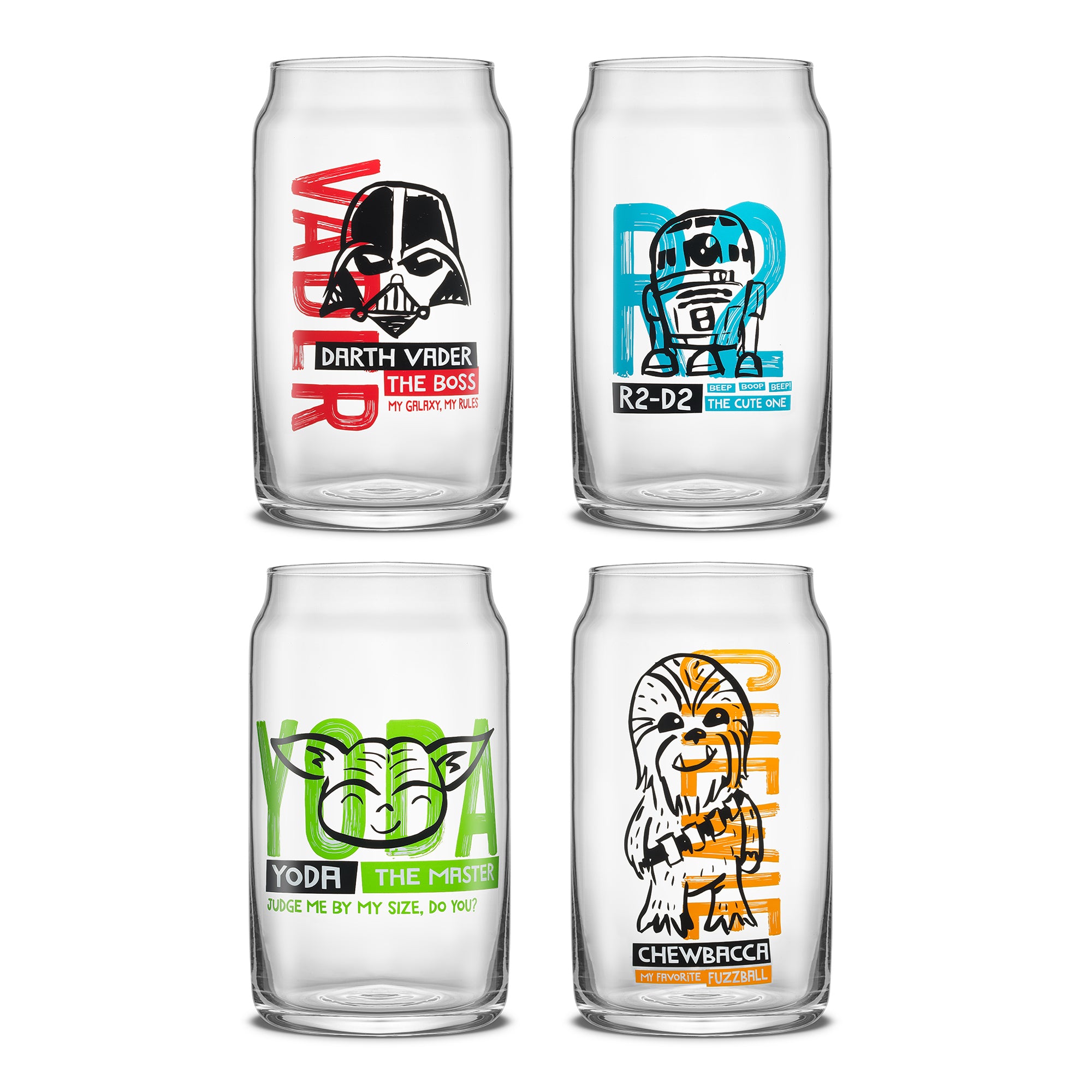 JoyJolt's Star Wars 'Now Playing' glass tumbler set, a must-have addition to any fan's drinkware collection. Featuring four iconic characters from the beloved saga - Darth Vader, R2-D2, Yoda, and Chewbacca.