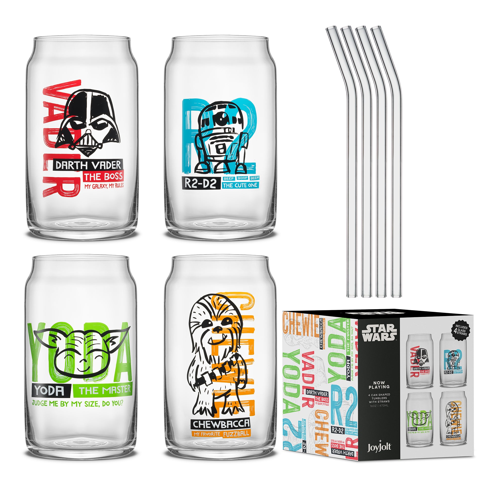 JoyJolt's Star Wars 'Now Playing' glass tumbler set, a must-have addition to any fan's drinkware collection. Including four glass straws and a collector's box featuring all of the designs. 