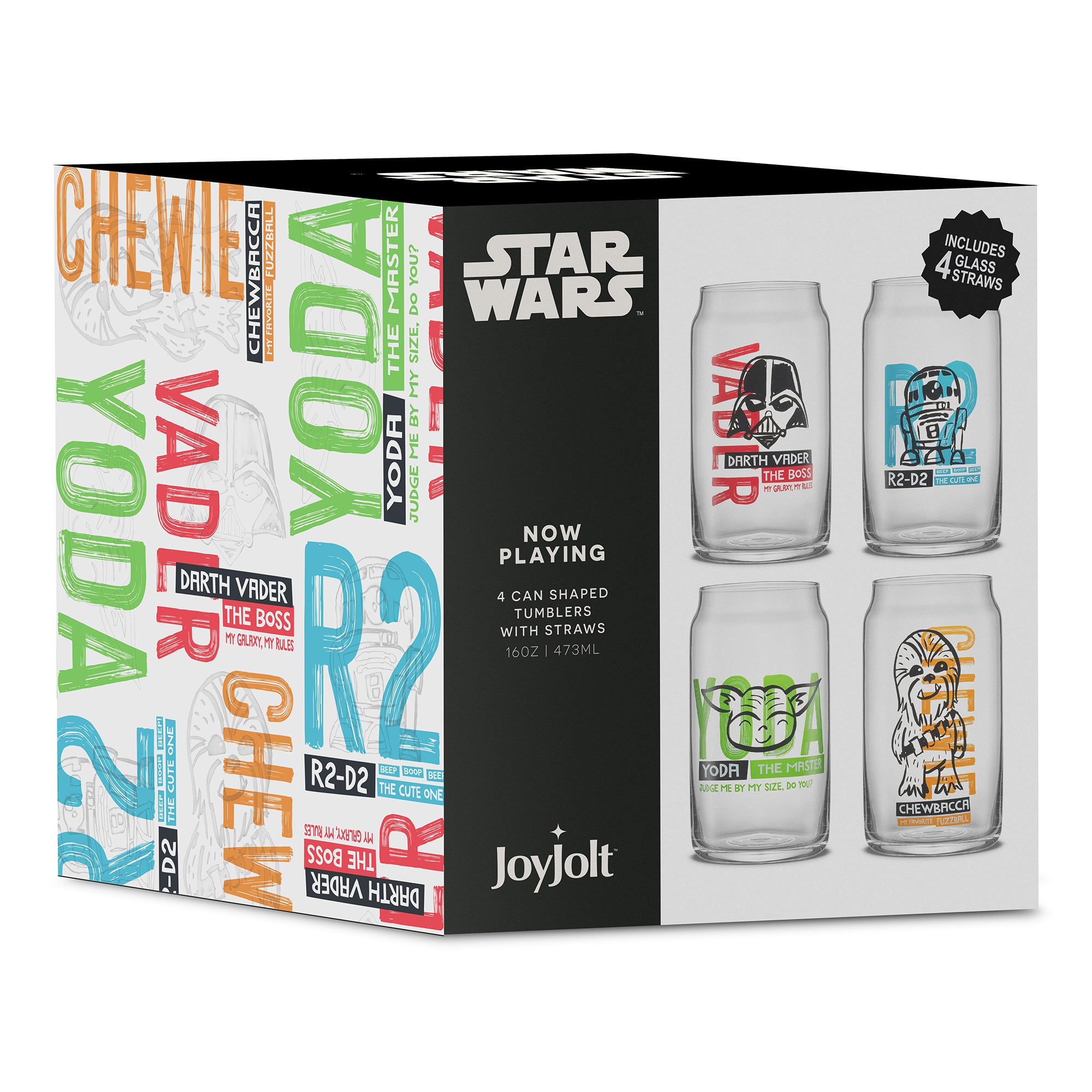 JoyJolt's Star Wars 'Now Playing' glass tumbler set collector's box featuring the designs.