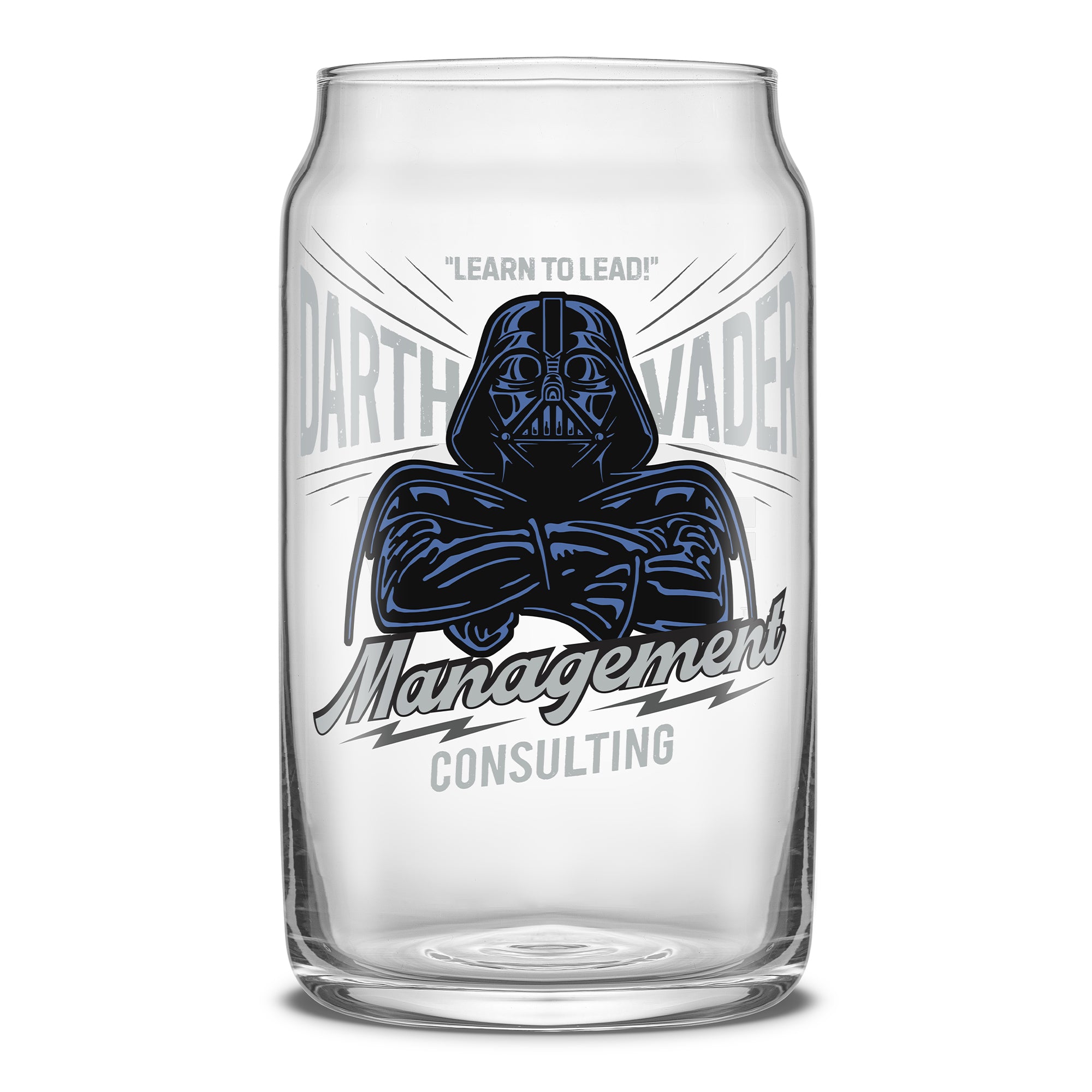 Retro-inspired Star Wars can-shaped drinking glasses featuring Darth Vadar Management Consulting.