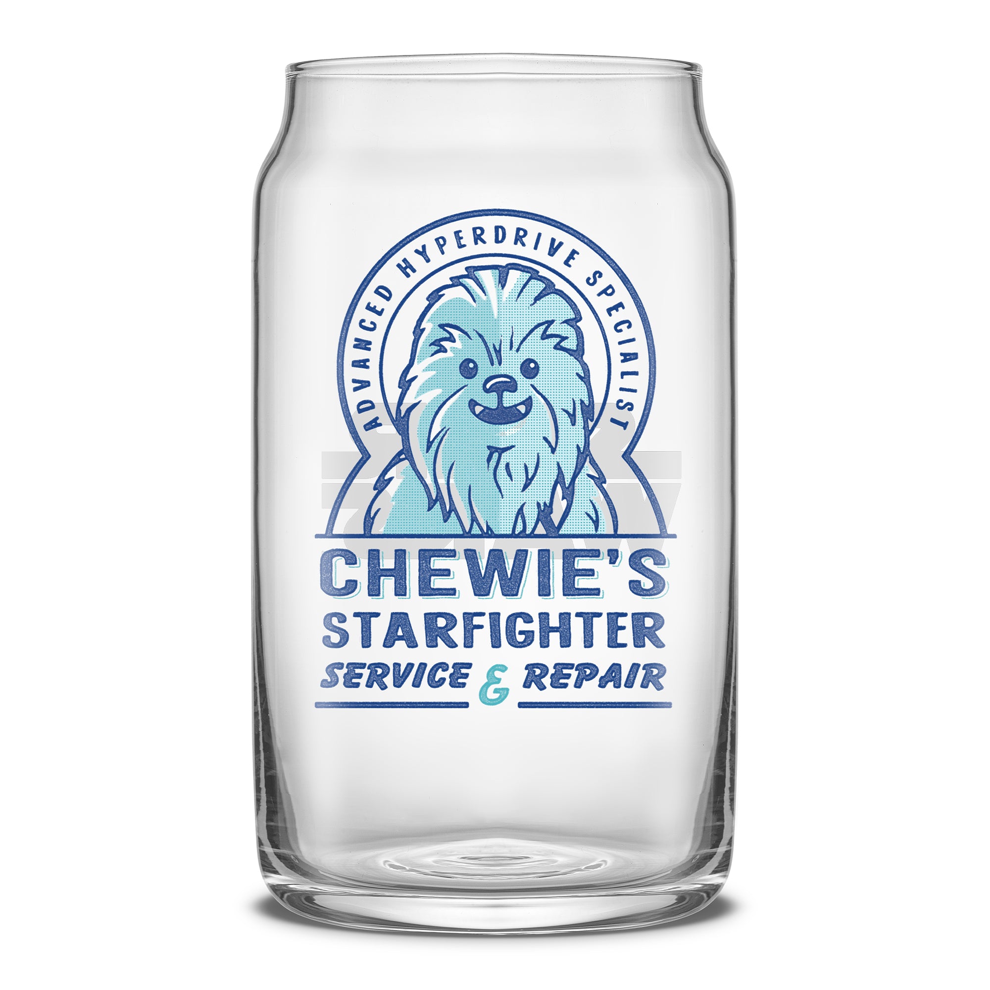Retro-inspired Star Wars can-shaped drinking glasses featuring Chewie's Starfighter Service & Repair.