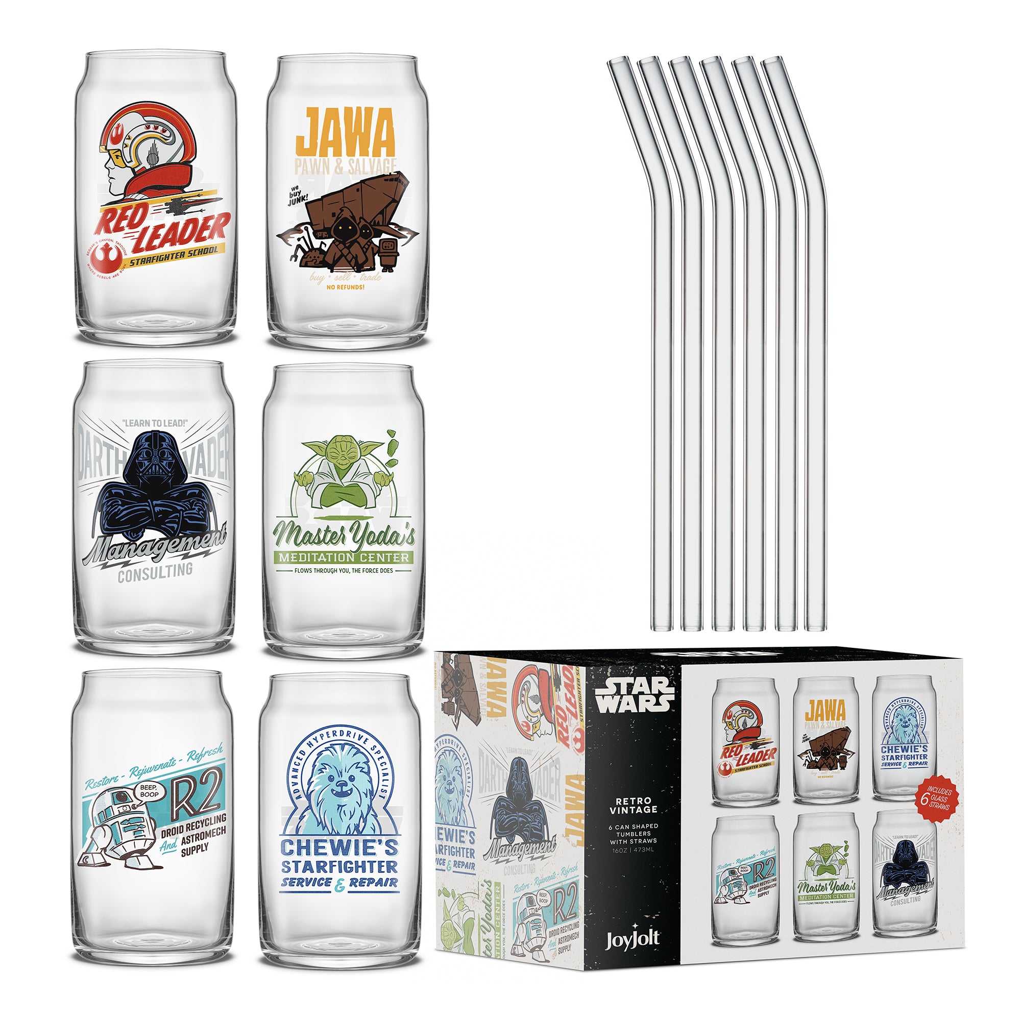 Retro-inspired Star Wars can-shaped drinking glasses. Including six glass straws and a collector's box featuring all of the designs.